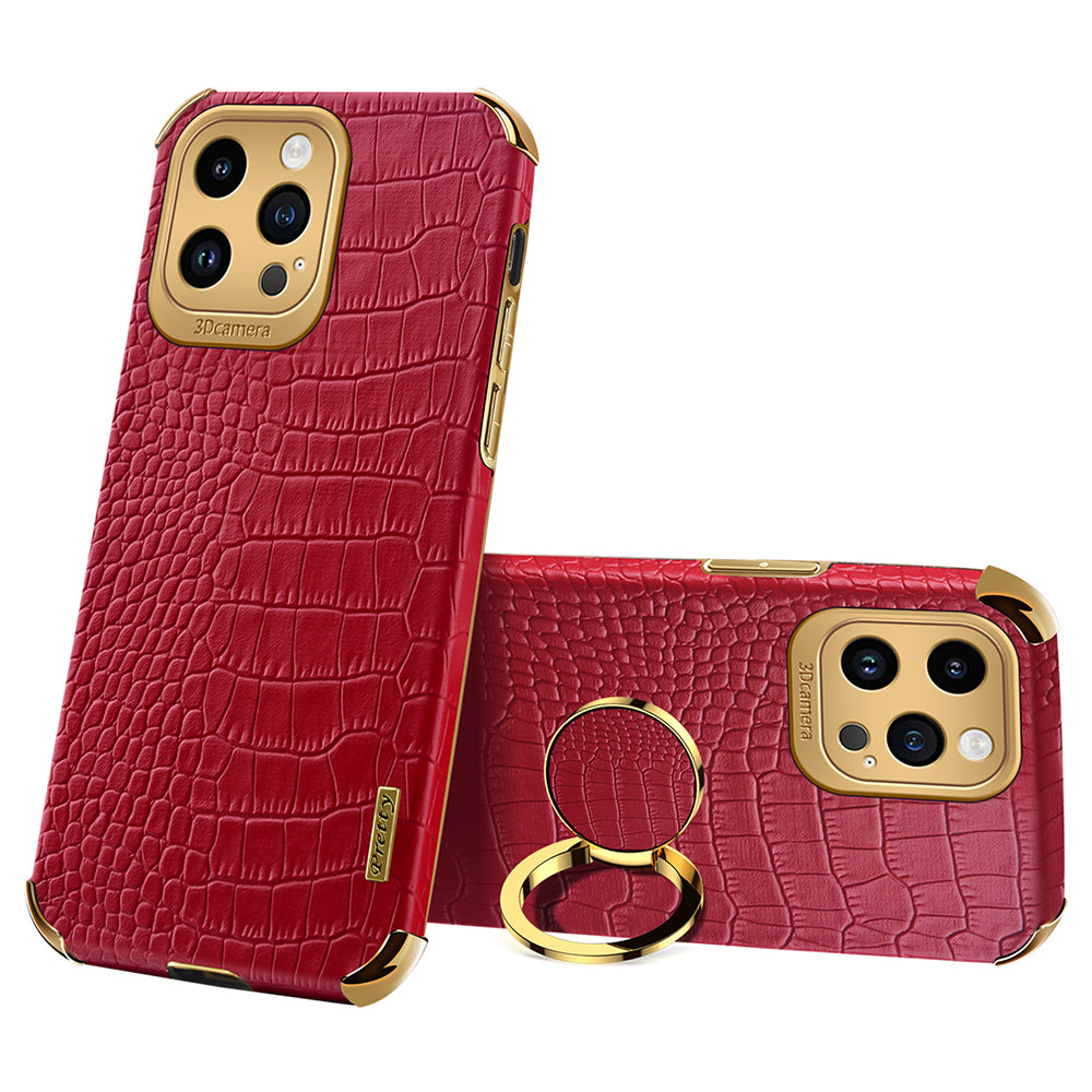 For iPhone 14 Pro 6D Electroplated Kickstand Phone Case PU Leather TPU Crocodile Texture Back Cover