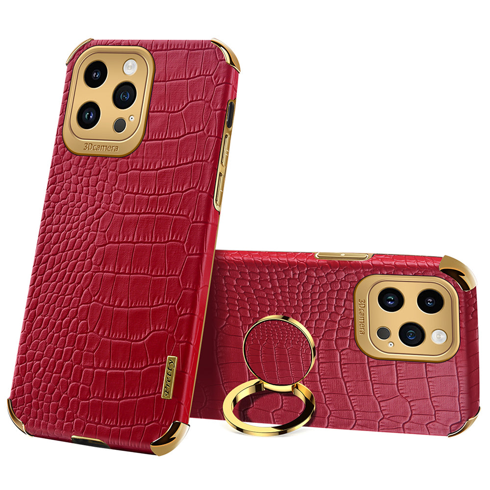 6D Electroplating Phone Case for iPhone 14 Pro Max Crocodile Texture PU Leather Coated TPU Cover with Kickstand