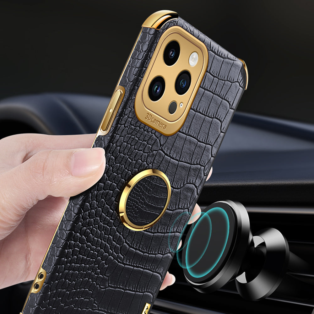 For iPhone 13 Pro PU Leather Coated TPU 6D Electroplated Case Ring Kickstand Crocodile Texture Phone Cover