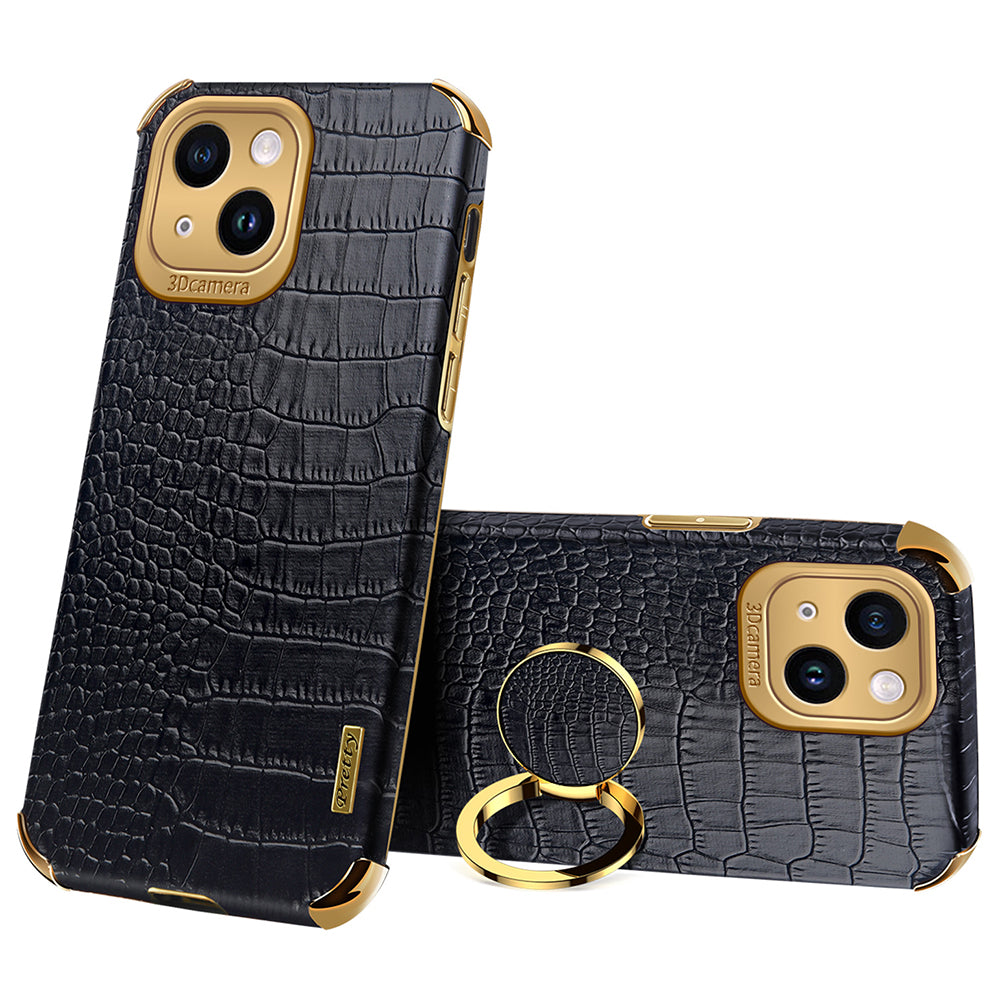 For iPhone 13 PU Leather Coated TPU Crocodile Texture Phone Case 6D Electroplated Kickstand Protective Cover