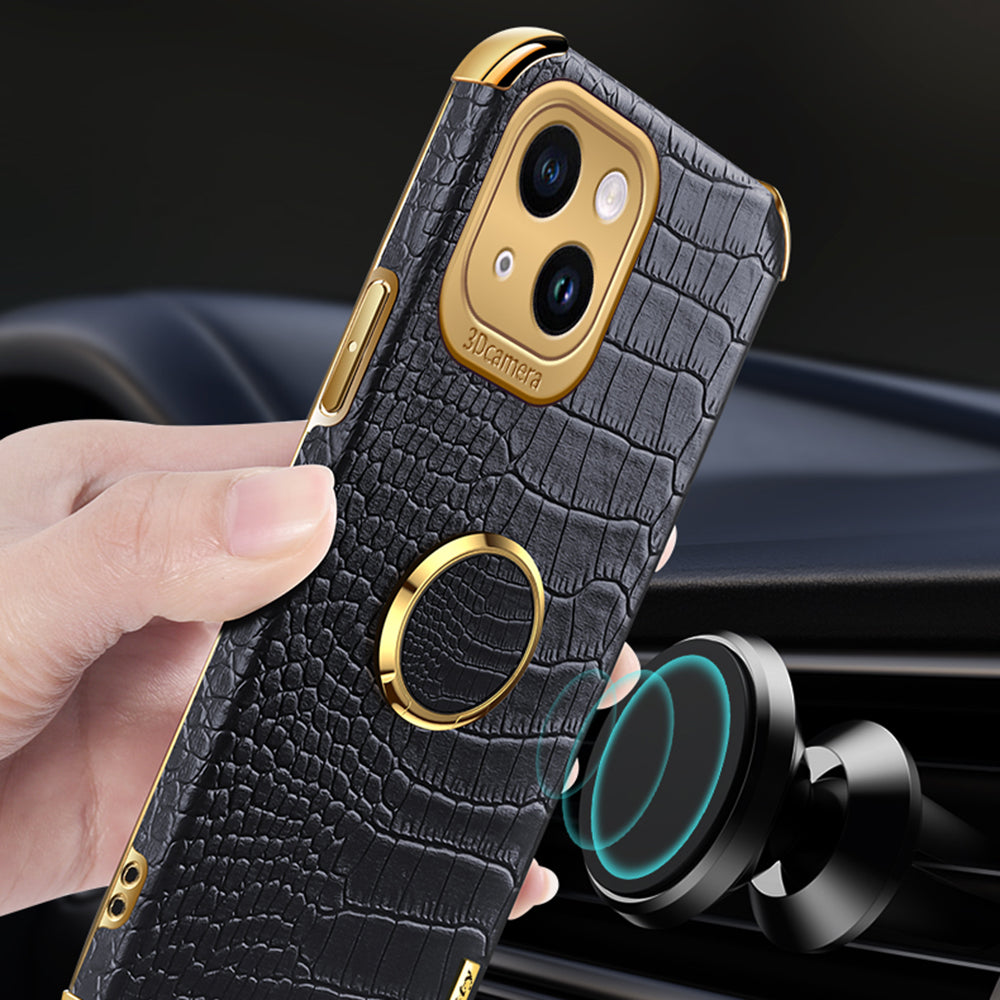 For iPhone 13 PU Leather Coated TPU Crocodile Texture Phone Case 6D Electroplated Kickstand Protective Cover