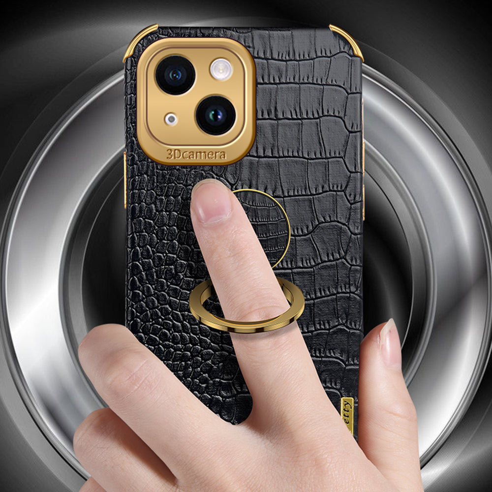 For iPhone 13 PU Leather Coated TPU Crocodile Texture Phone Case 6D Electroplated Kickstand Protective Cover