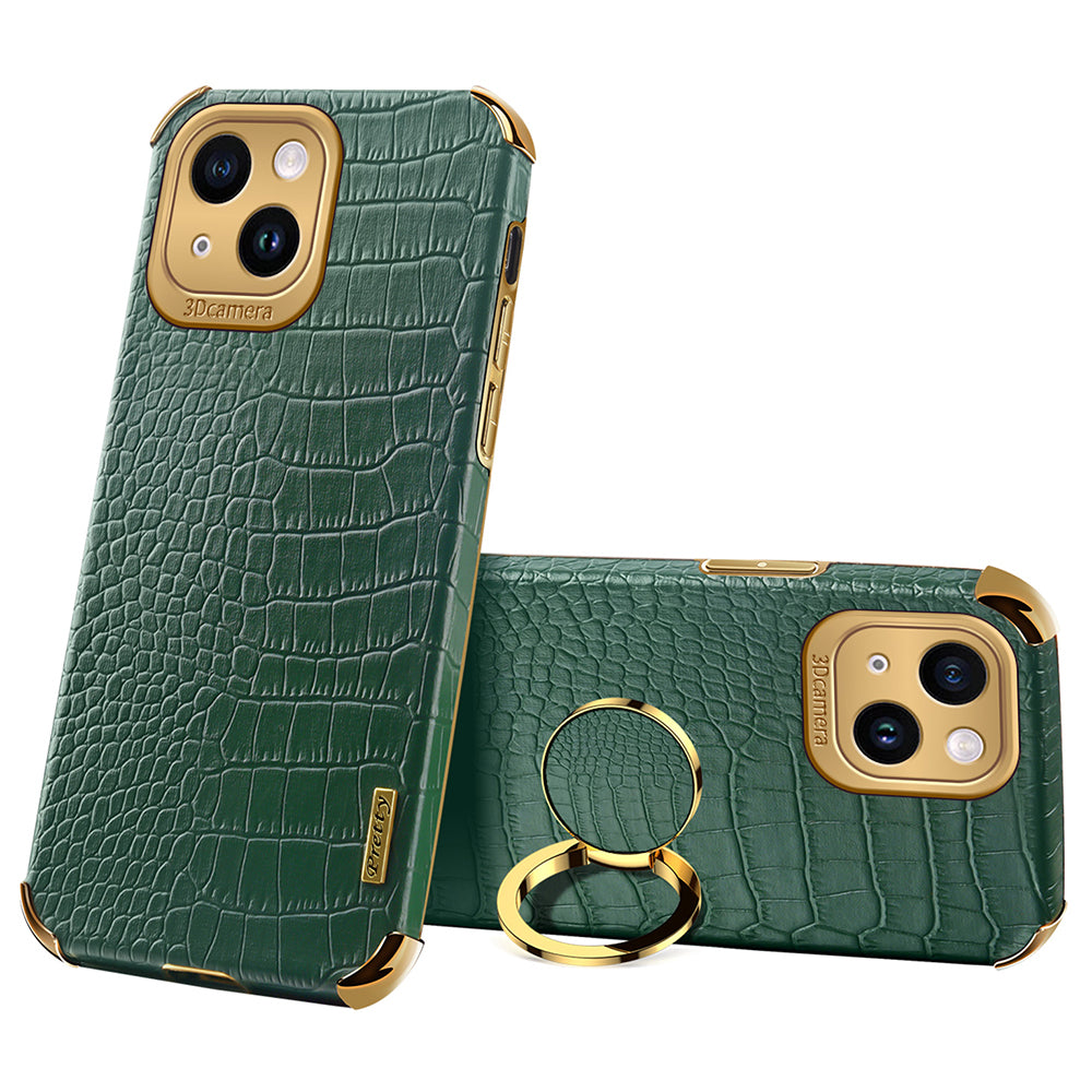 For iPhone 13 PU Leather Coated TPU Crocodile Texture Phone Case 6D Electroplated Kickstand Protective Cover