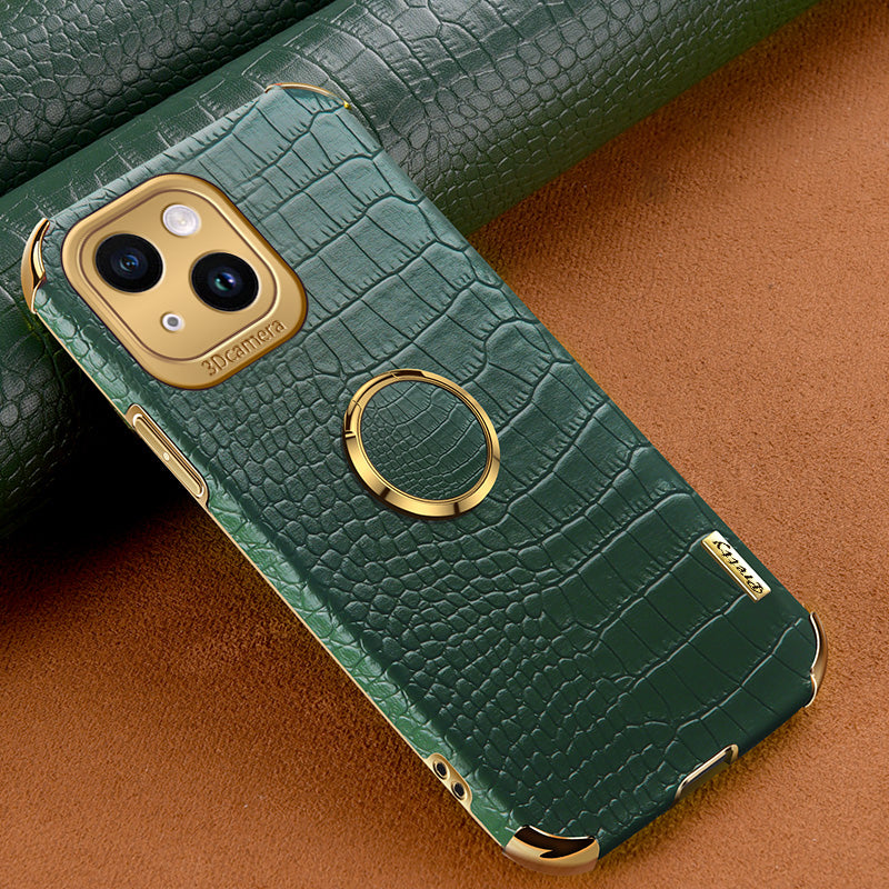 For iPhone 13 PU Leather Coated TPU Crocodile Texture Phone Case 6D Electroplated Kickstand Protective Cover