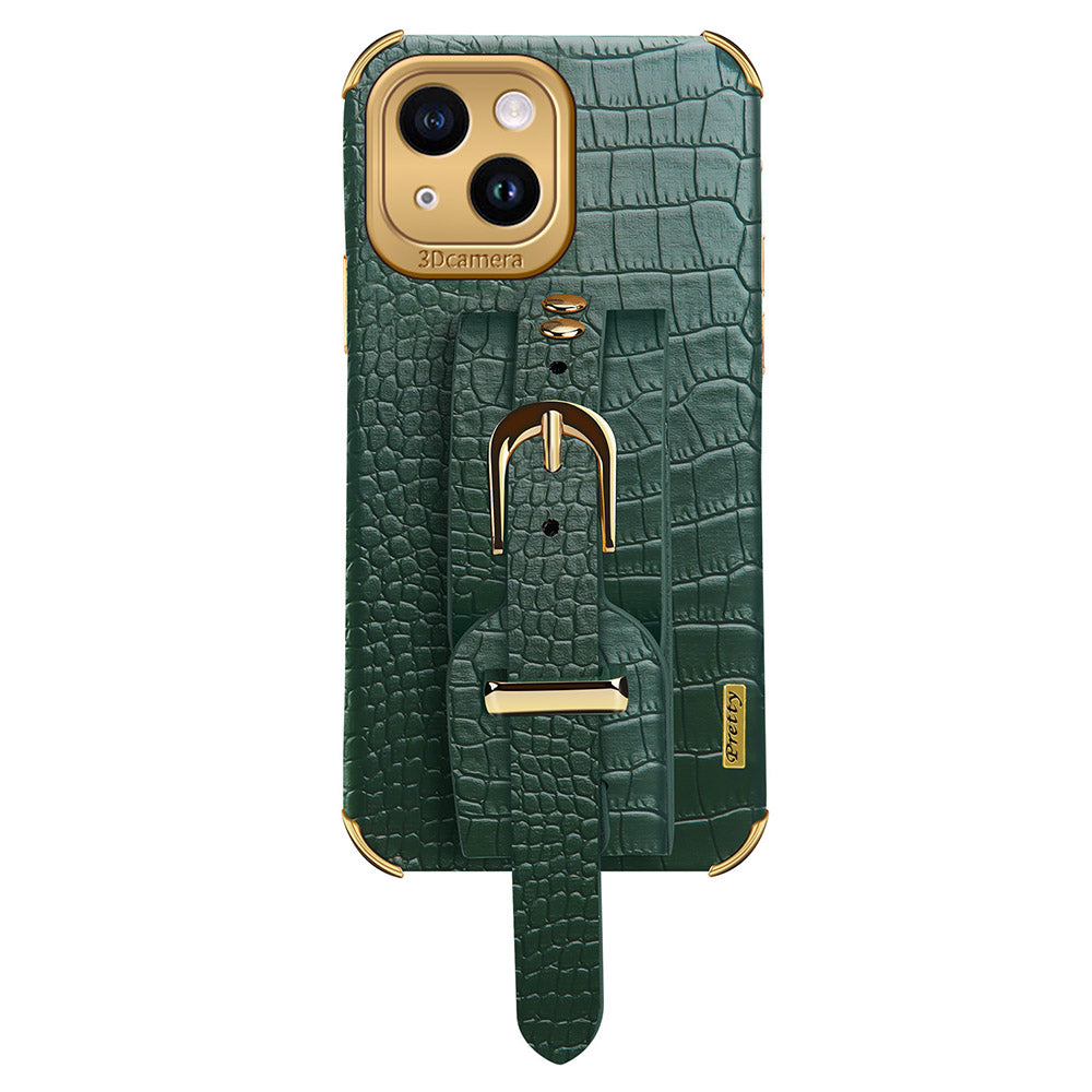 Anti-Drop Phone Cover for iPhone 14 Crocodile Texture Electroplating Phone Case with Hand Strap Kickstand