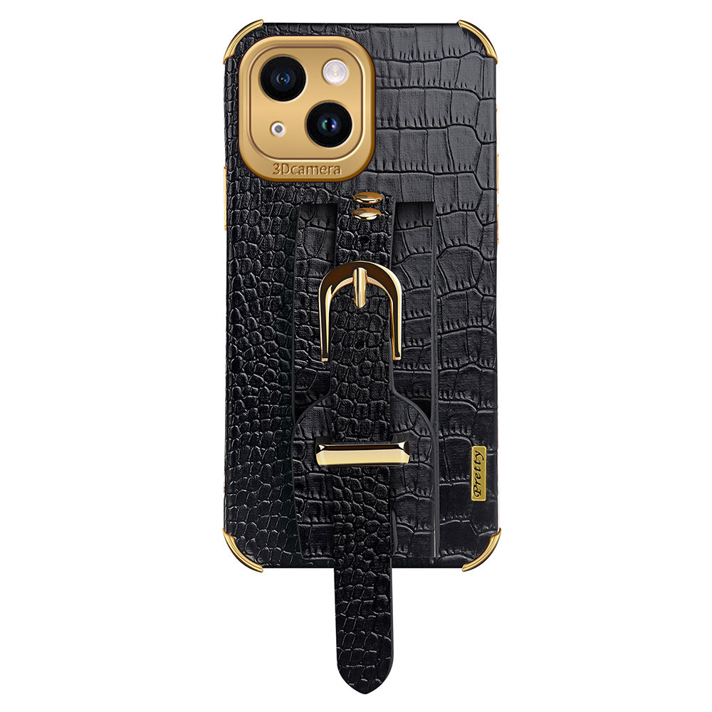 Anti-Drop Phone Cover for iPhone 14 Crocodile Texture Electroplating Phone Case with Hand Strap Kickstand