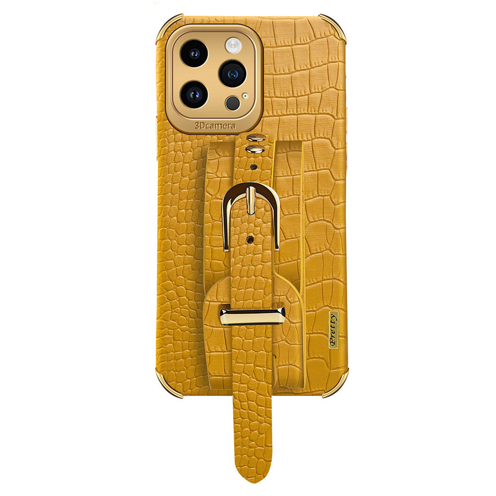 Crocodile Texture Protective Case for iPhone 14 Pro Max Electroplating Phone Case with Hand Strap Kickstand