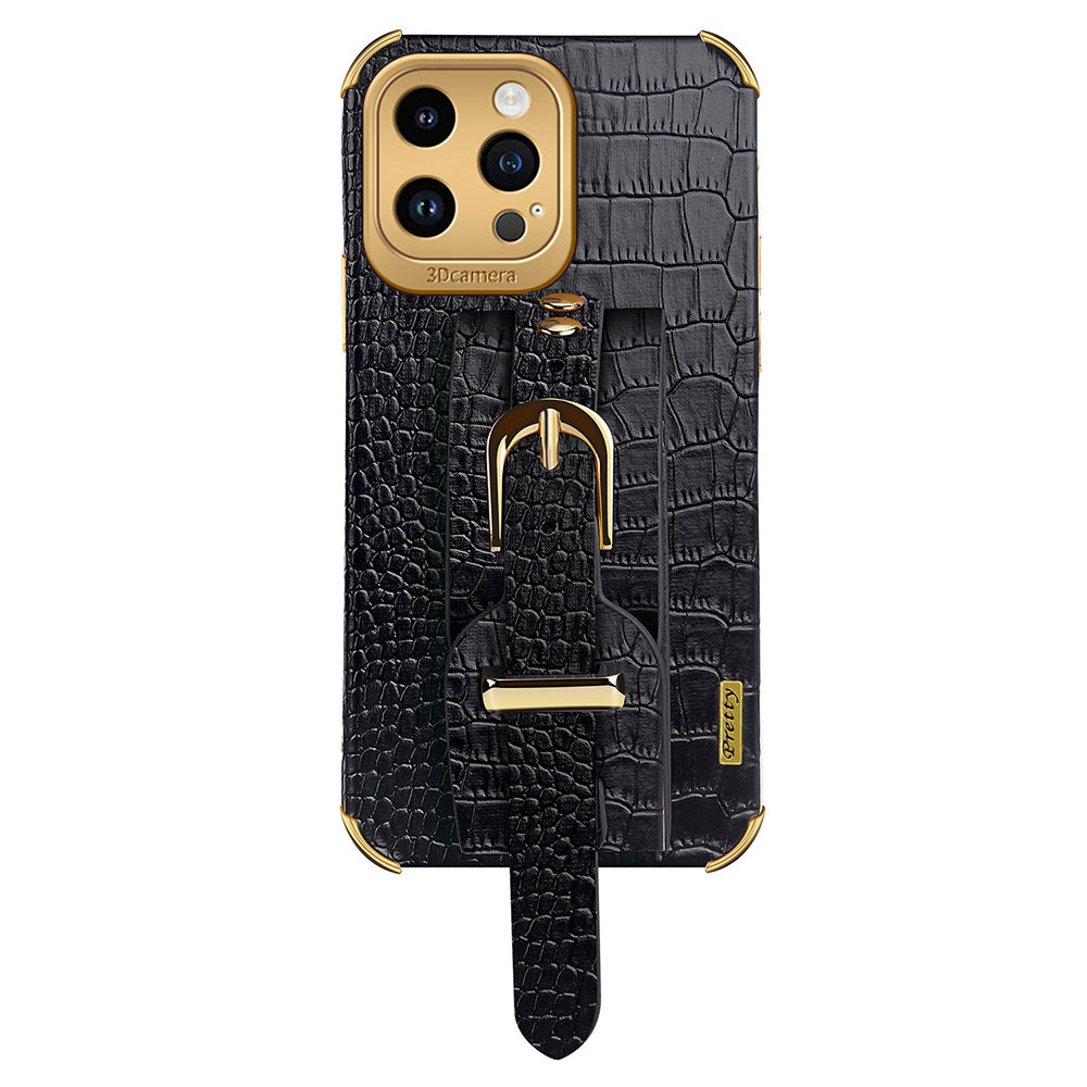 For iPhone 14 Pro Crocodile Texture 6D Electroplating Wristband Case PU Leather TPU Anti-drop Phone Cover