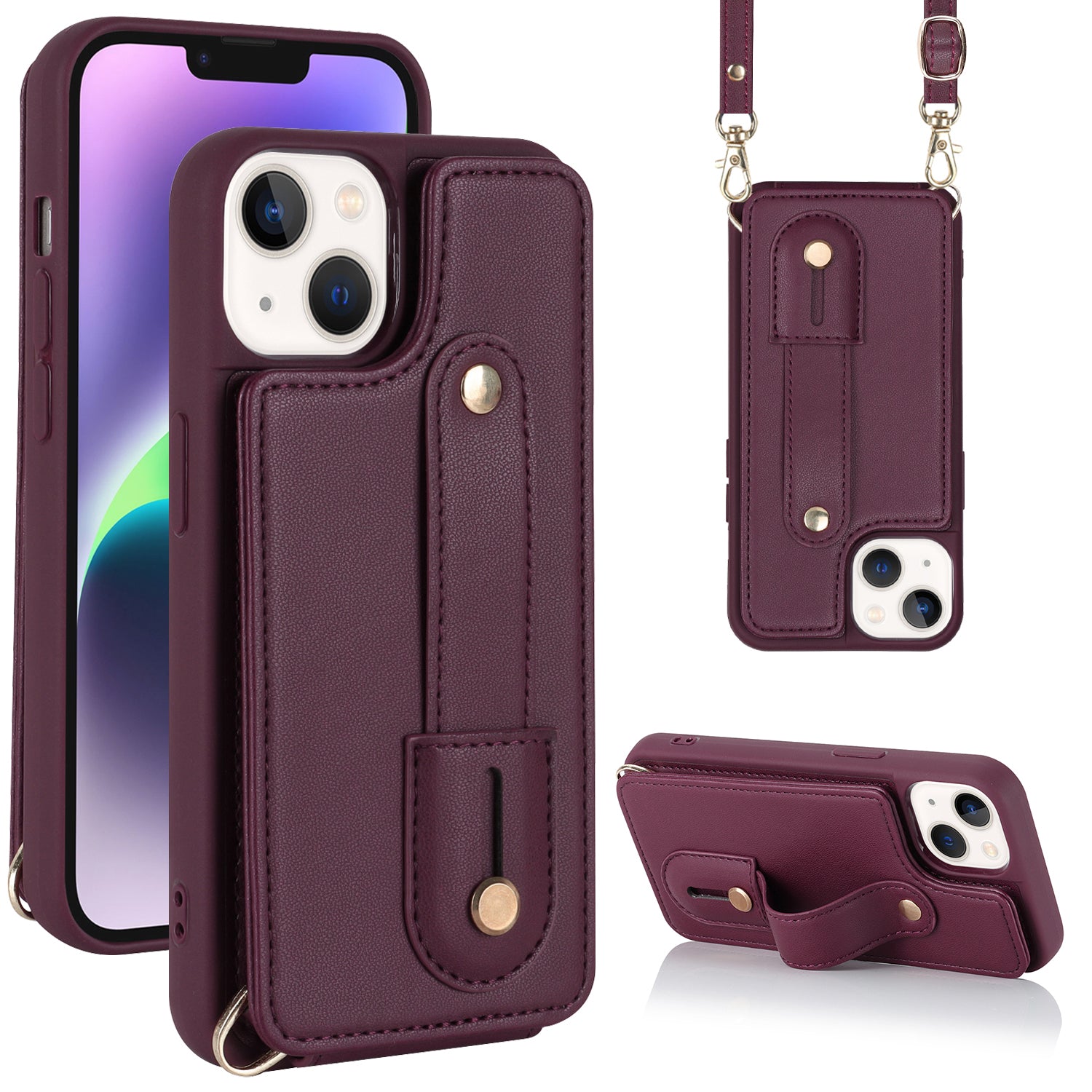 For iPhone 14/13 6.1 inch Wristband Kickstand Back Cover Card Holder PU Leather Coated TPU Phone Case