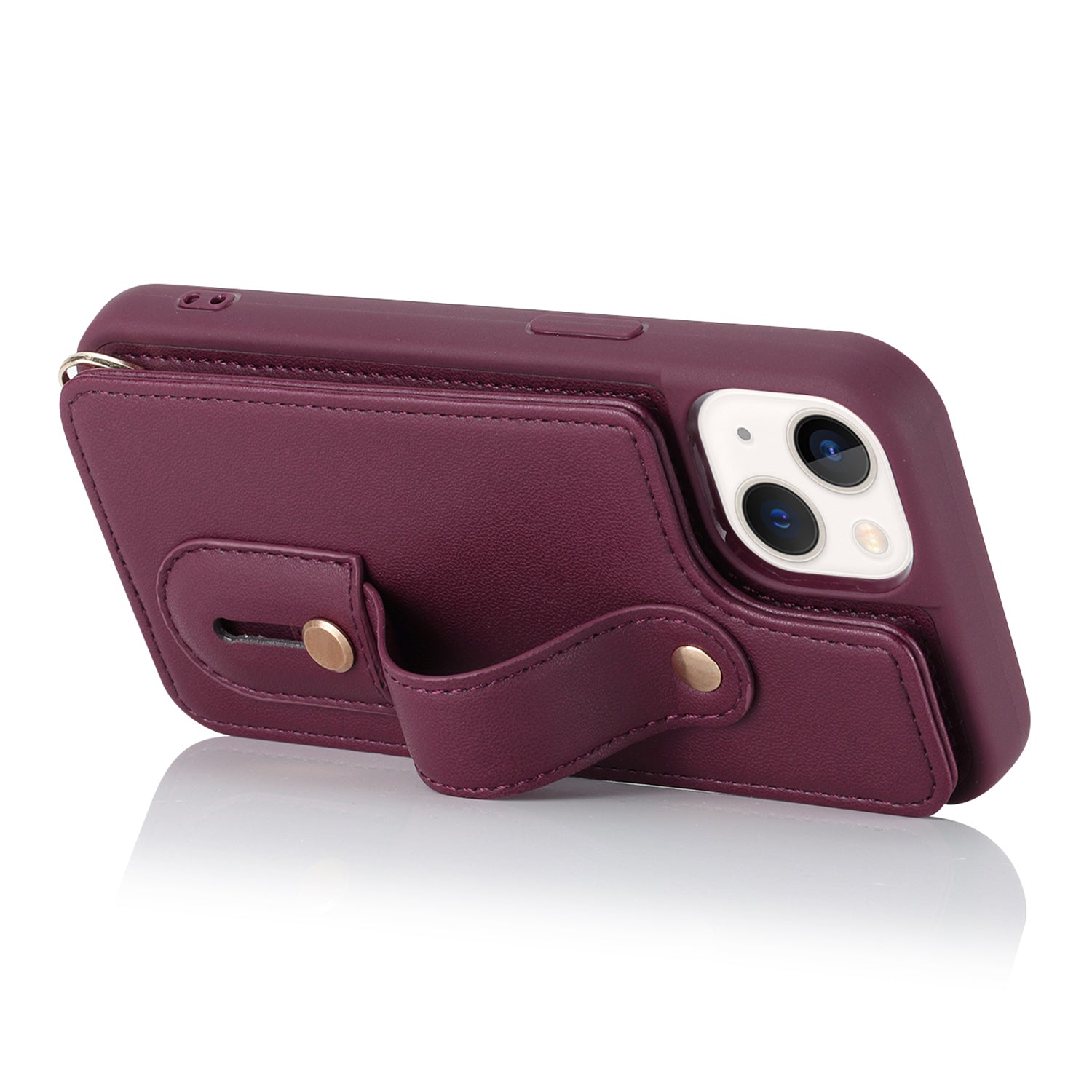 For iPhone 14/13 6.1 inch Wristband Kickstand Back Cover Card Holder PU Leather Coated TPU Phone Case