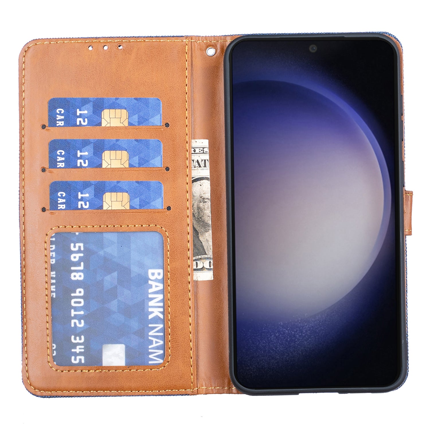 For Samsung Galaxy S23 Leather Phone Cover Stand Wallet Jeans Cloth Texture Phone Case