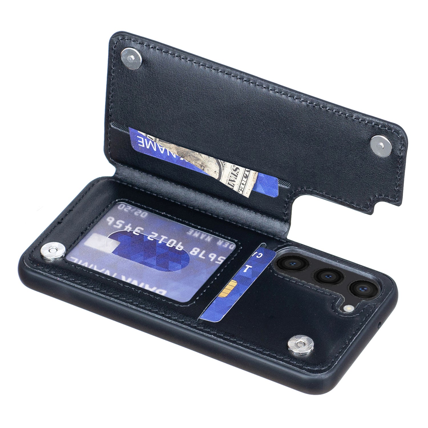 For Samsung Galaxy S23 Kickstand Phone Case V-Shaped Card Slots PU Leather Coated TPU Cover