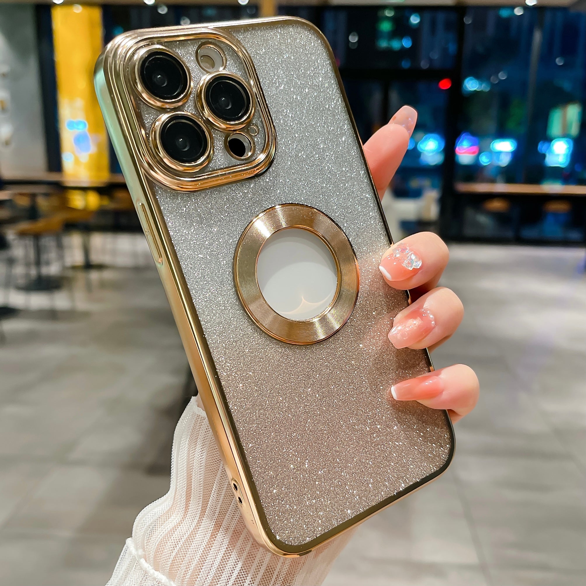Til iPhone 13 Pro Max 6,7 tommer Soft TPU Glitter Telefoncover CD Texture Logo View Galvaniseringscover med kameralinsefilm