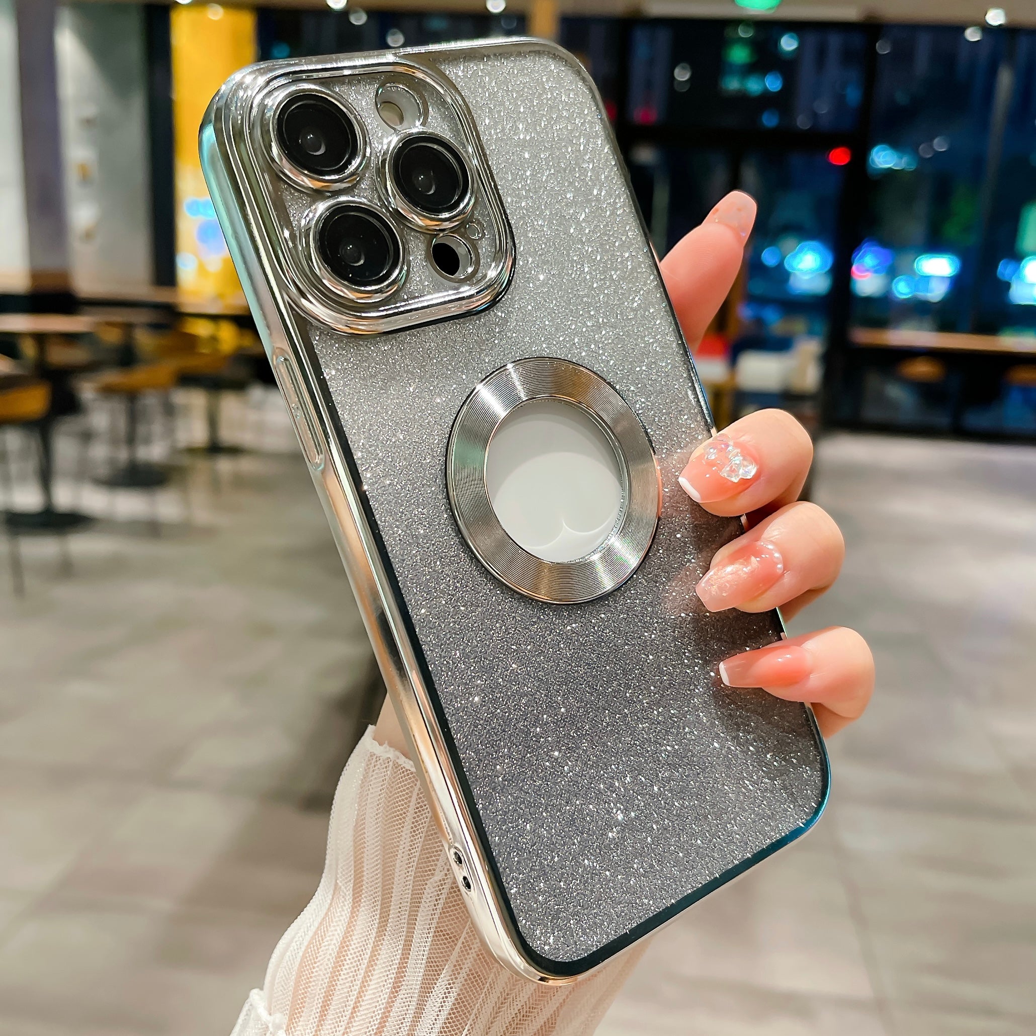 For iPhone 14 Pro Gradient Glitter TPU Case CD Texture Logo View Electroplating Phone Cover with Camera Lens Protector