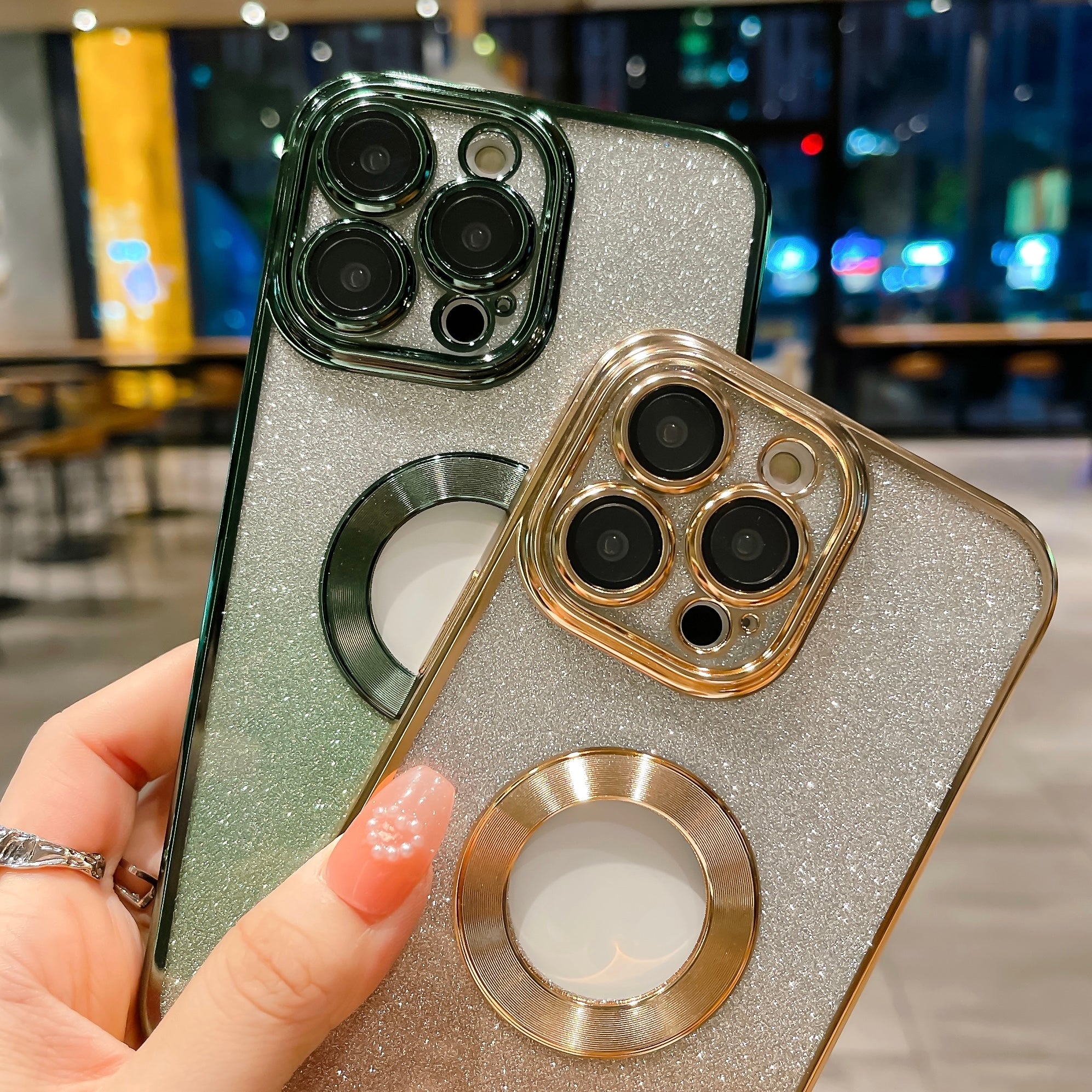 For iPhone 14 Pro Max Gradient Glitter Phone Case CD Vein Logo Hole Electroplating TPU Cover with Camera Lens Protector