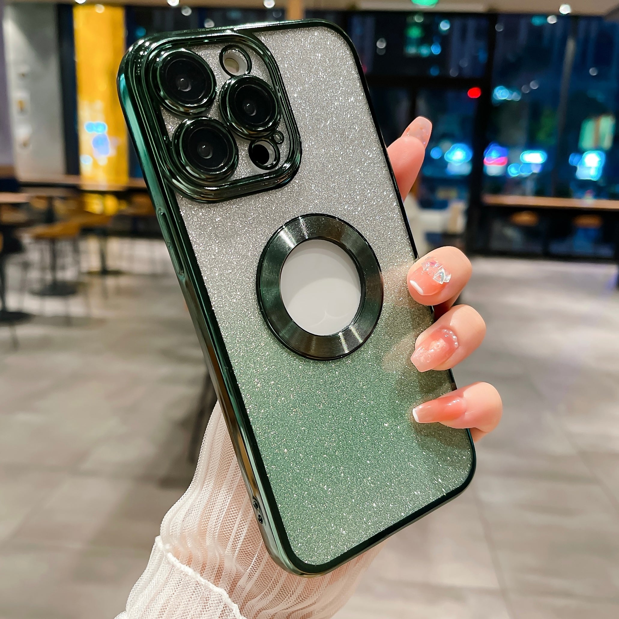 For iPhone 14 Pro Max Gradient Glitter Phone Case CD Vein Logo Hole Electroplating TPU Cover with Camera Lens Protector