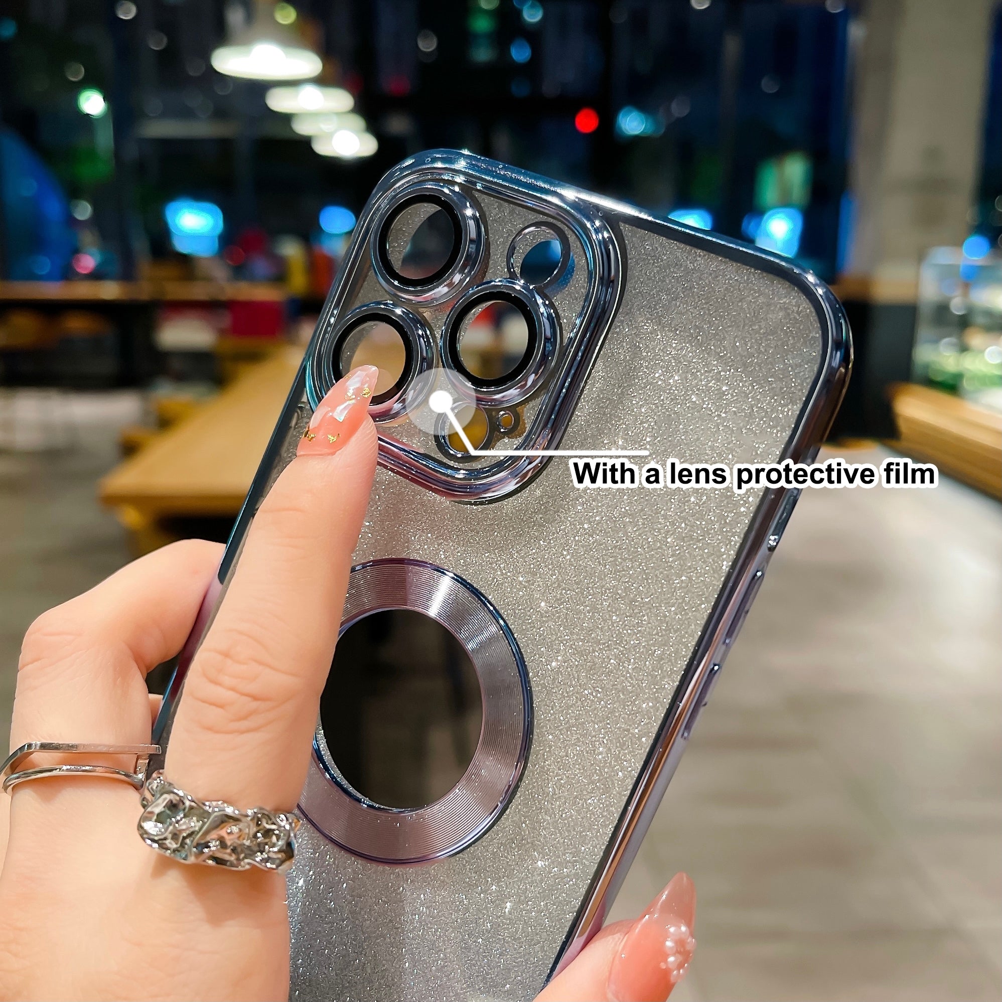 For iPhone 14 Pro Max Gradient Glitter Phone Case CD Vein Logo Hole Electroplating TPU Cover with Camera Lens Protector