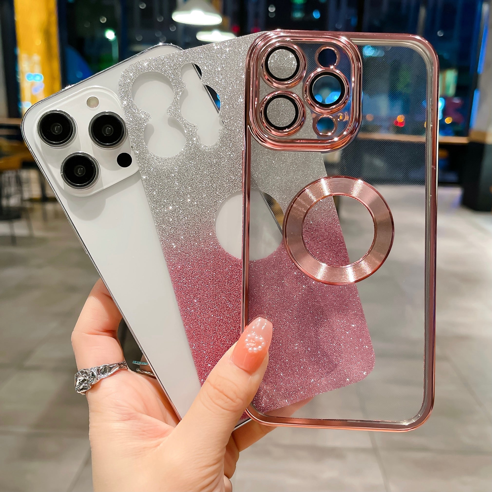 For iPhone 14 Pro Max Gradient Glitter Phone Case CD Vein Logo Hole Electroplating TPU Cover with Camera Lens Protector