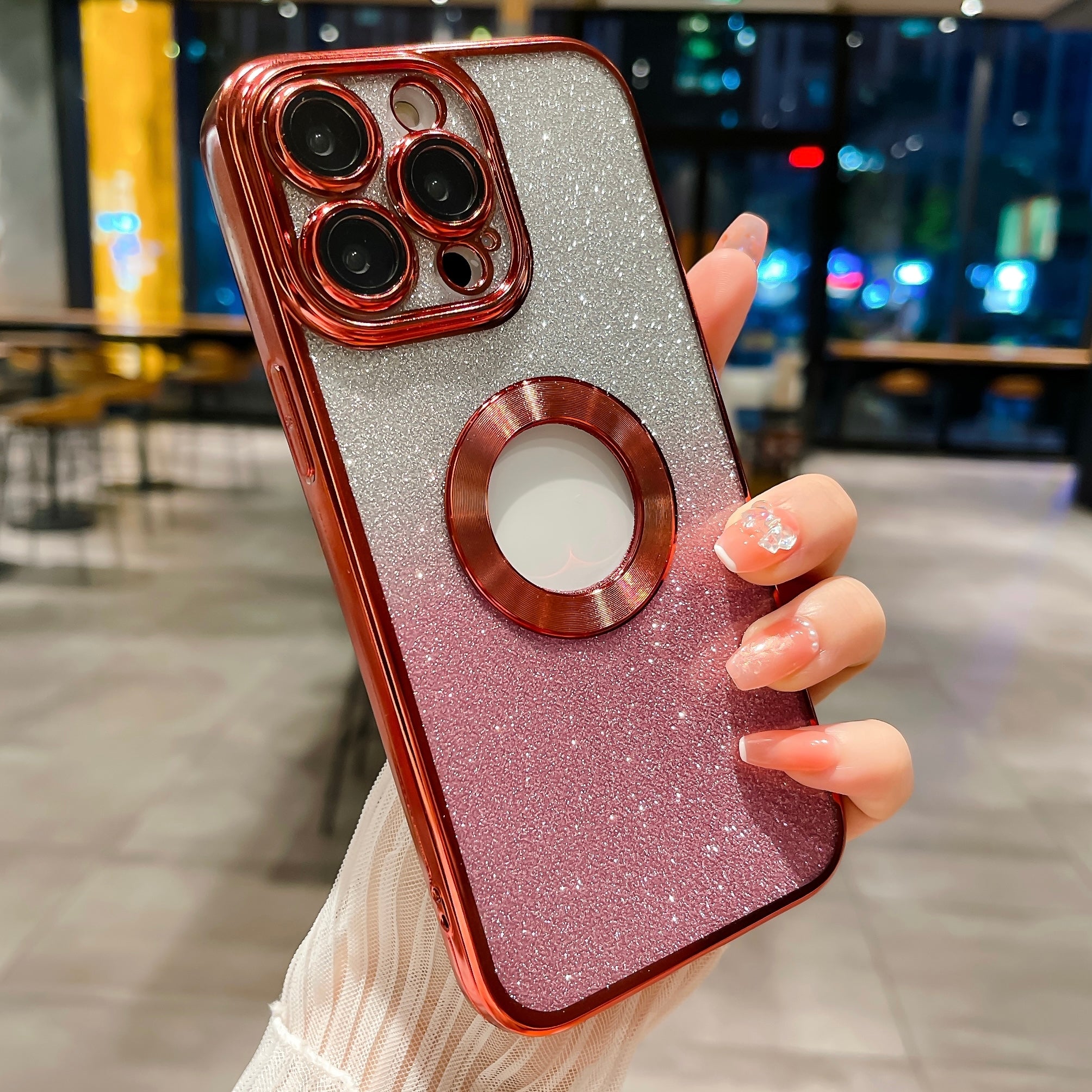 For iPhone 14 Pro Max Gradient Glitter Phone Case CD Vein Logo Hole Electroplating TPU Cover with Camera Lens Protector