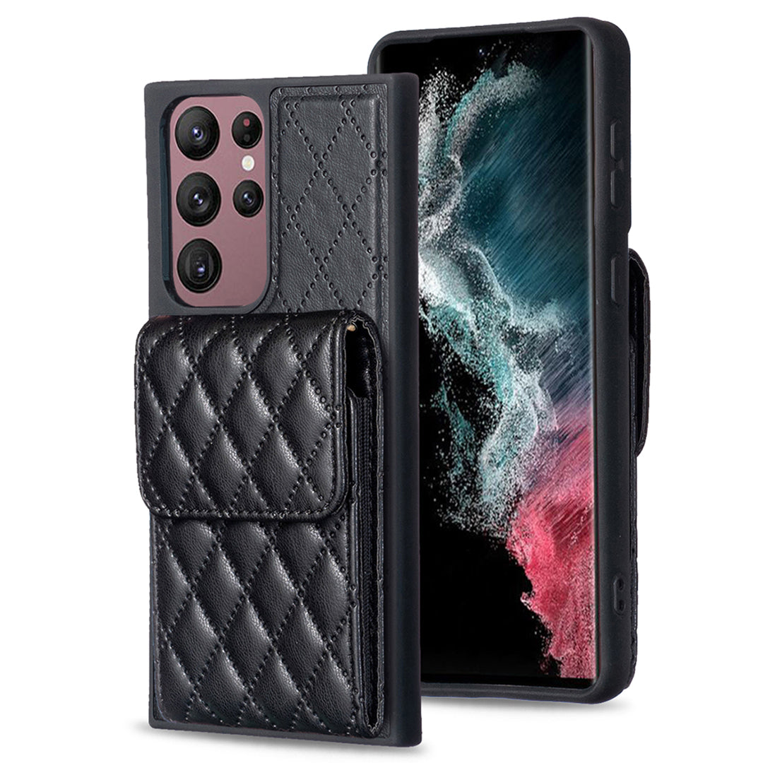 BF22-Style For Samsung Galaxy S22 Ultra 5G Kickstand Leather Coated TPU Case Card Holder Bag Phone Cover