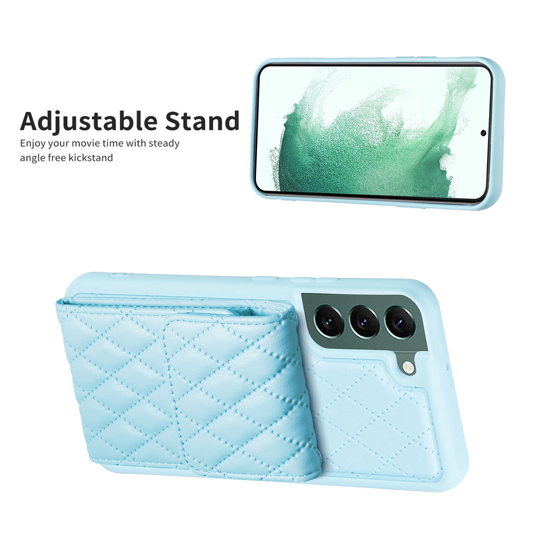 BF22-Style For Samsung Galaxy S22 5G Card Holder Phone Kickstand Case Leather Coated TPU Cell Phone Cover