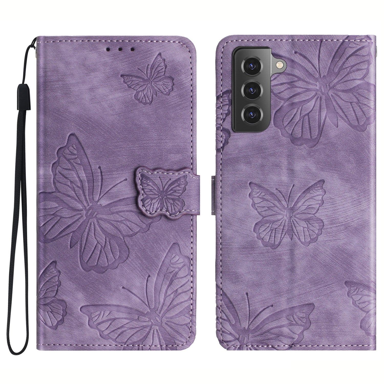 For Samsung Galaxy S22 5G Skin-Touch Phone Case Butterfly Imprinted Leather Phone Cover with Wallet