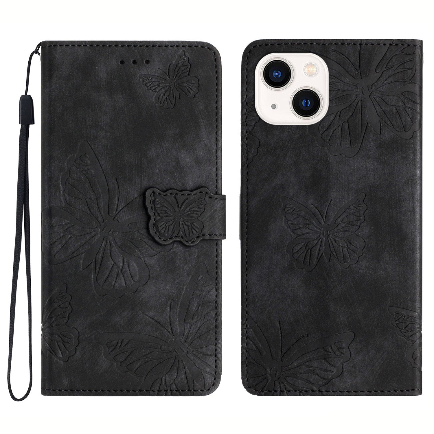 Stand Shell for iPhone 13 6.1 inch PU Leather Wallet Case Butterfly Imprinted Skin-touch Phone Cover