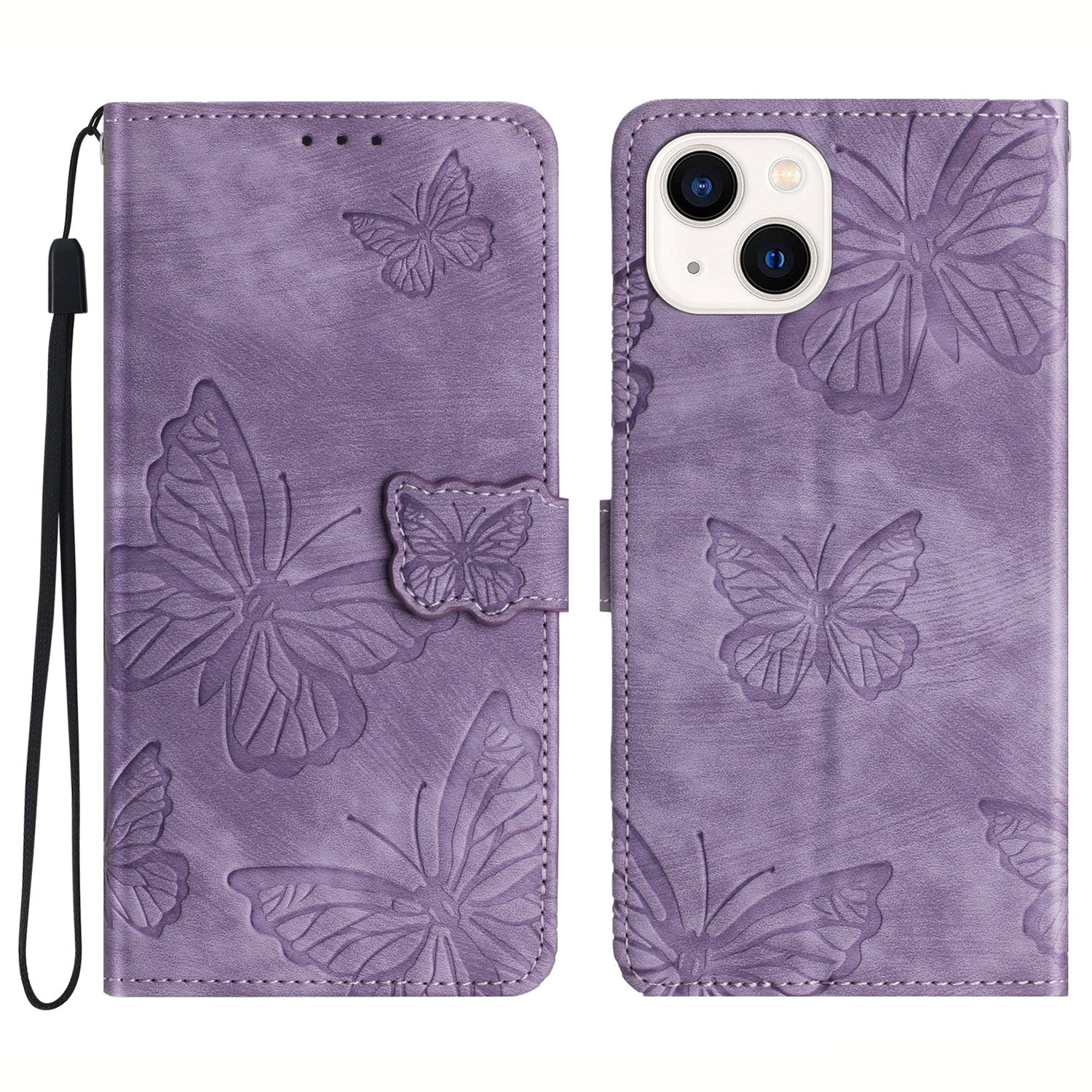 Stand Shell for iPhone 13 6.1 inch PU Leather Wallet Case Butterfly Imprinted Skin-touch Phone Cover