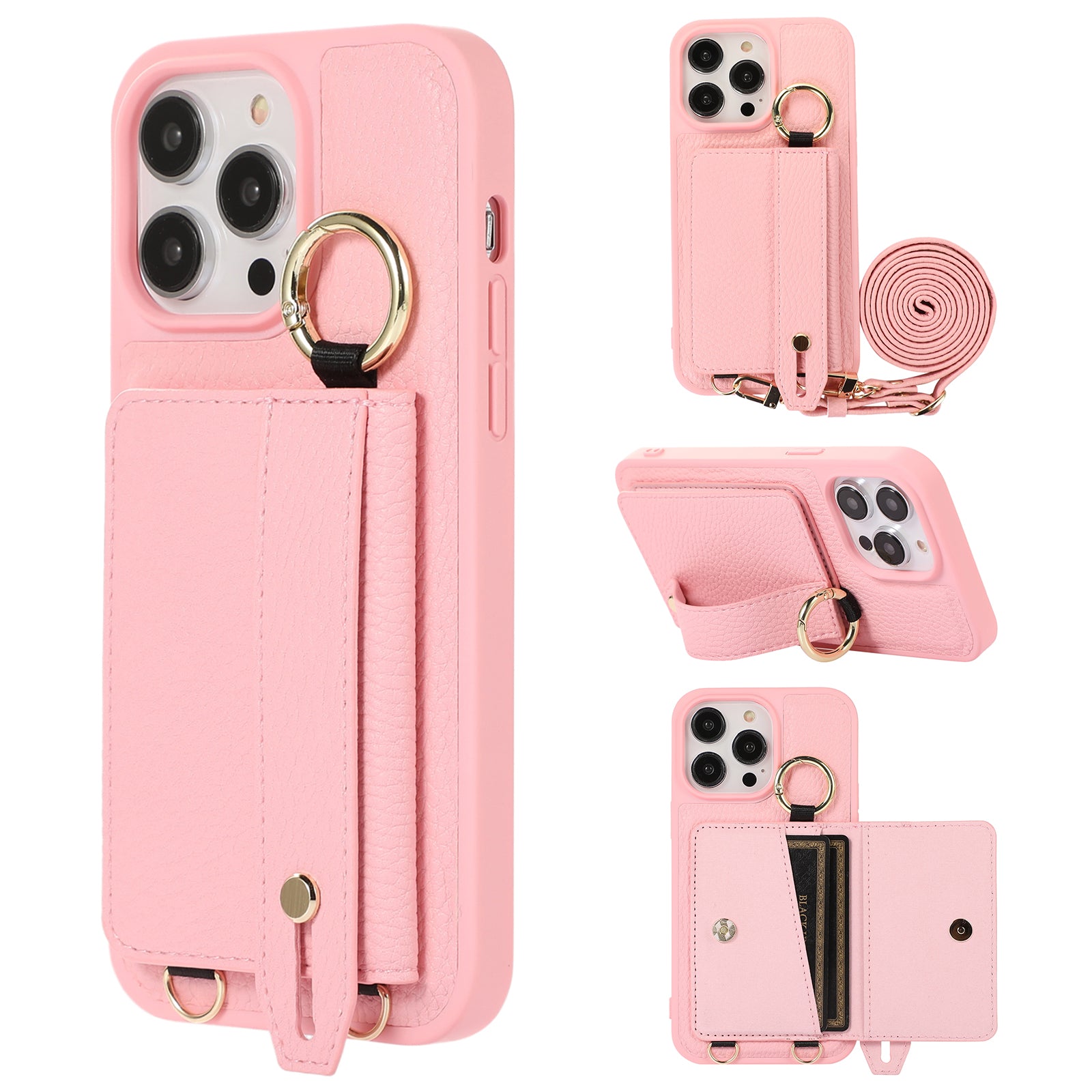 Card Holder Phone Cover for iPhone 12 Pro Max 6.7 inch Hand Strap Kickstand Leather TPU Case with Shoulder Strap