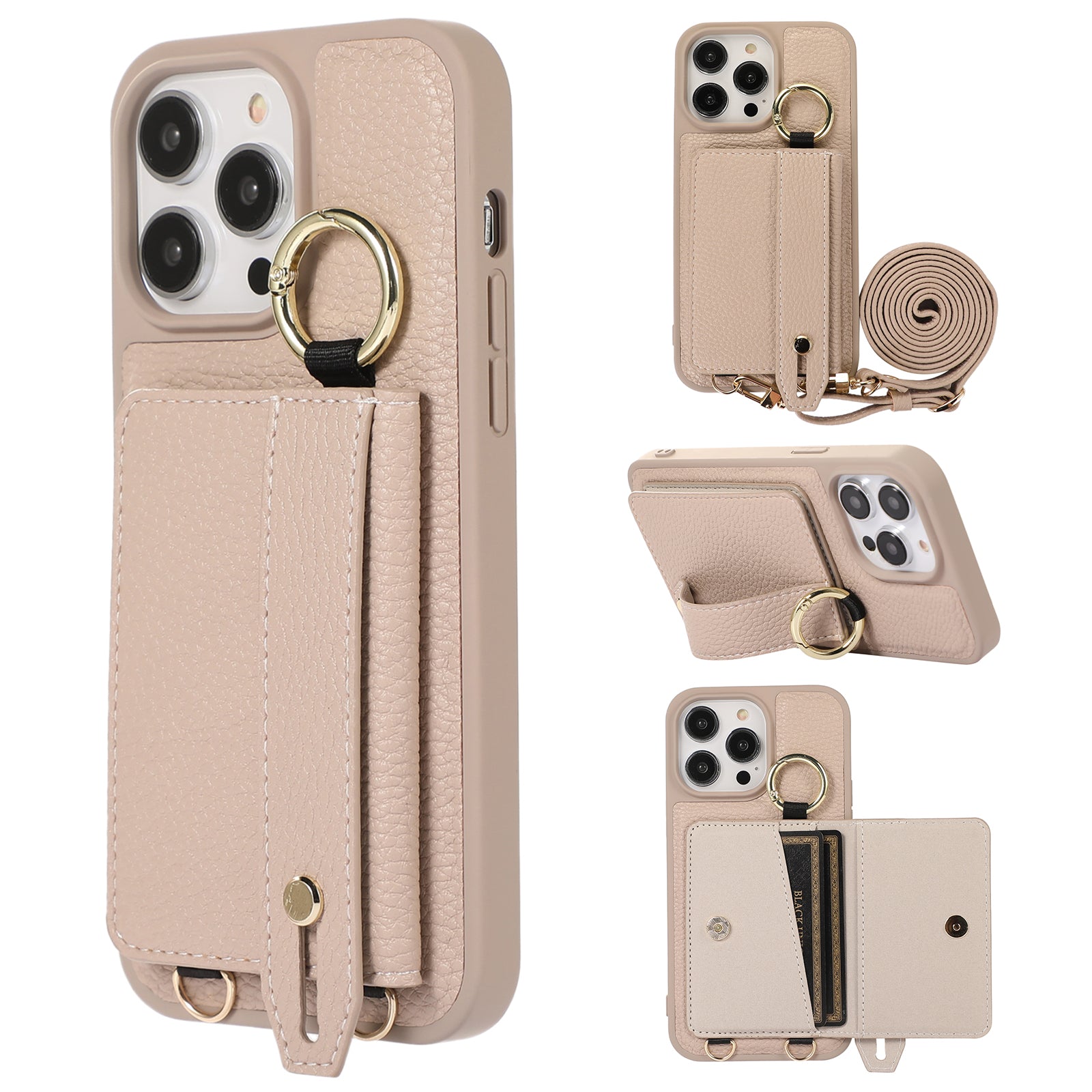 For iPhone 13 Pro Max 6.7 inch Card Holder Hand Strap Phone Cover Leather TPU Kickstand Case with Shoulder Strap