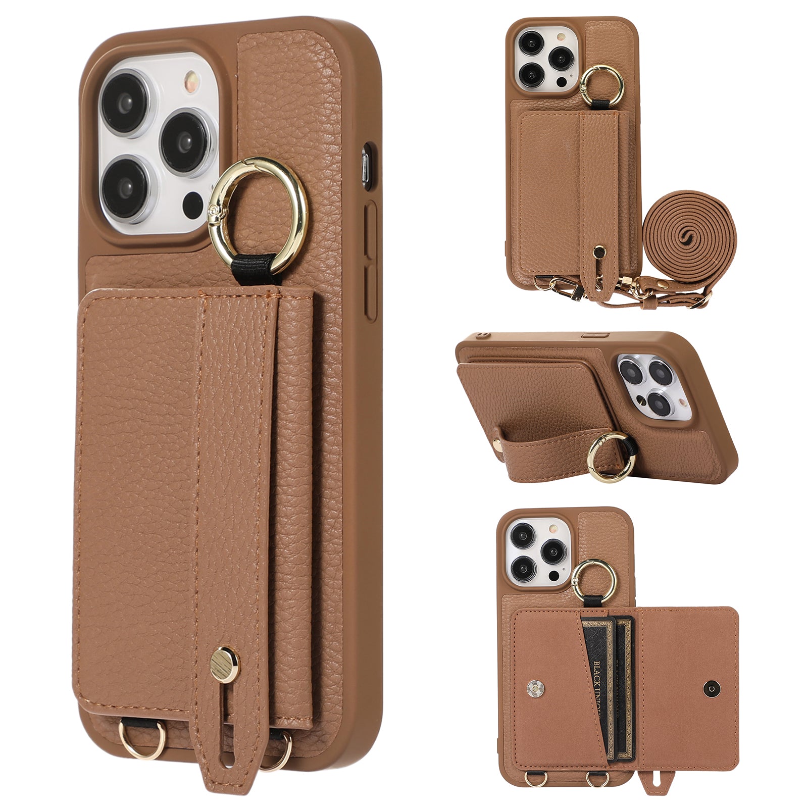 For iPhone 13 Pro Max 6.7 inch Card Holder Hand Strap Phone Cover Leather TPU Kickstand Case with Shoulder Strap
