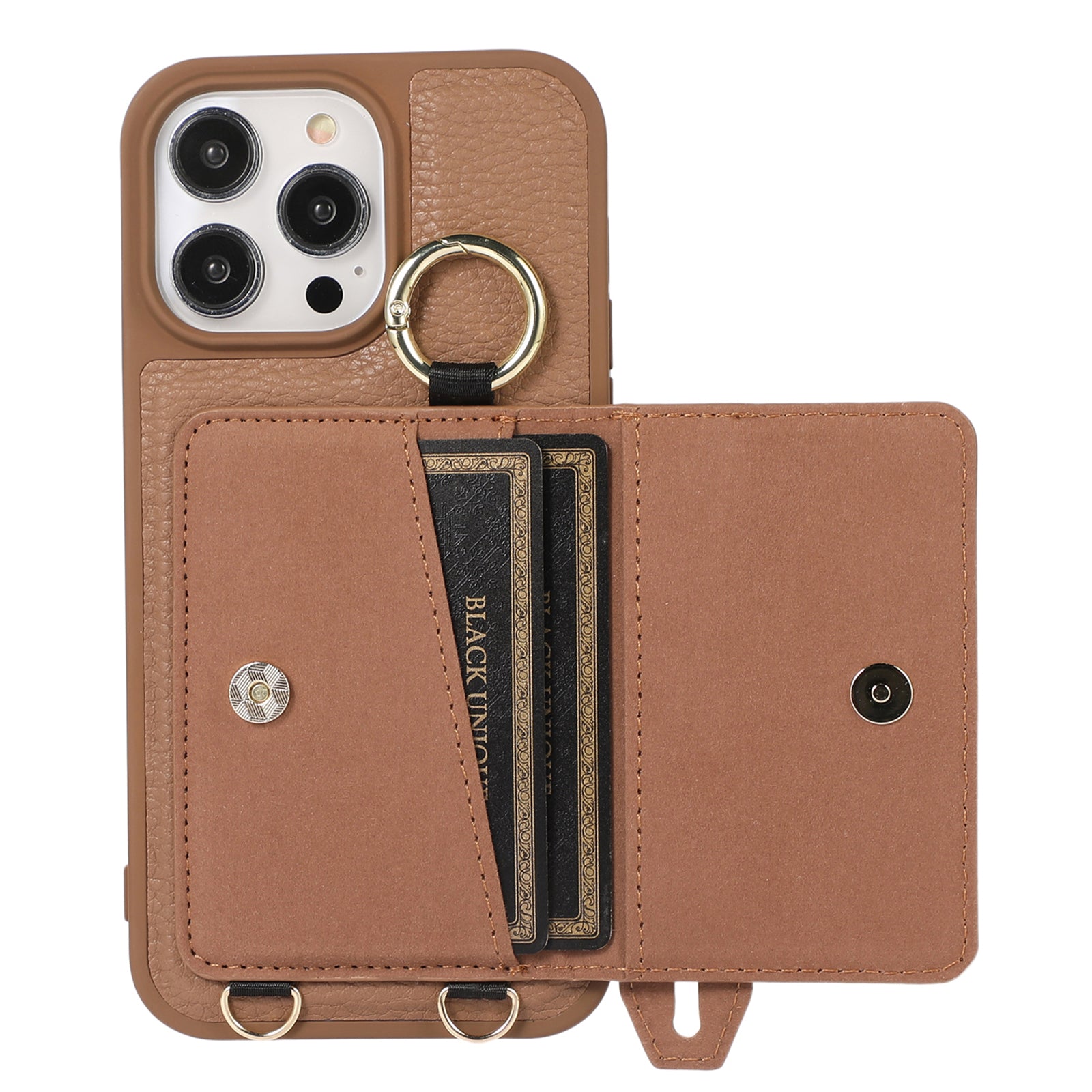 For iPhone 13 Pro Max 6.7 inch Card Holder Hand Strap Phone Cover Leather TPU Kickstand Case with Shoulder Strap