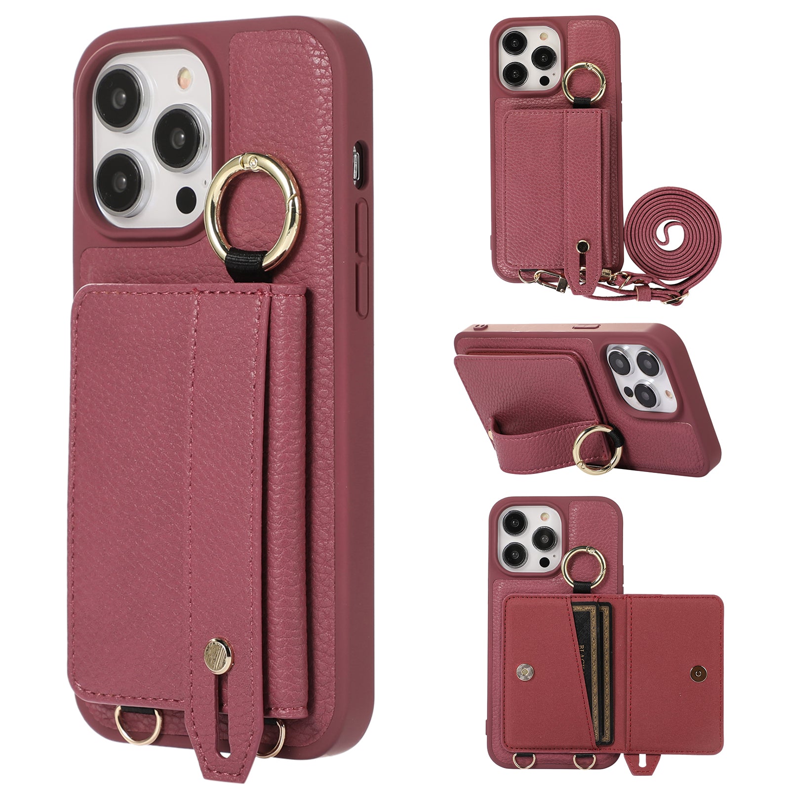For iPhone 12/12 Pro 6.1 inch Hand Strap Leather TPU Phone Kickstand Case with Card Slot and Shoulder Strap