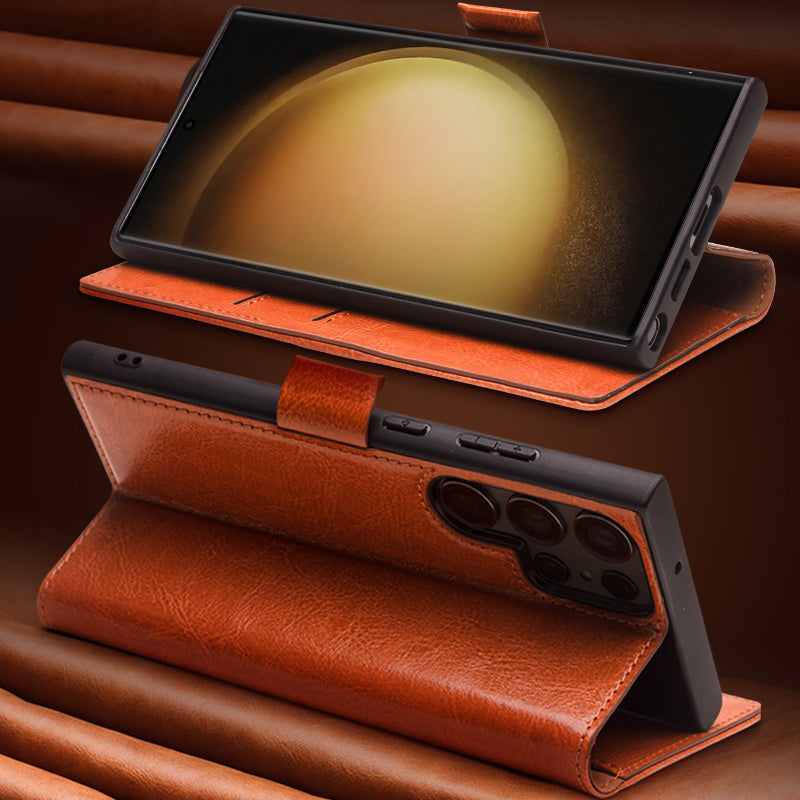 QIALINO For Samsung Galaxy S23 Ultra Wallet Genuine Cow Leather Flip Case Magnetic Closure Stand Phone Cover