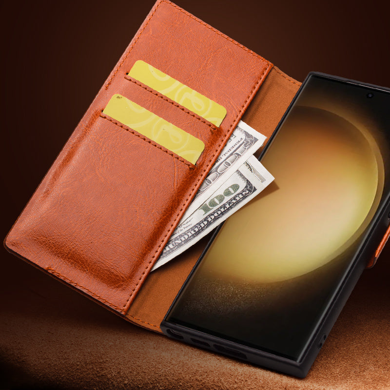 QIALINO For Samsung Galaxy S23 Ultra Wallet Genuine Cow Leather Flip Case Magnetic Closure Stand Phone Cover