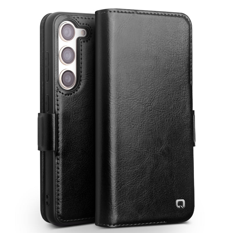 QIALINO For Samsung Galaxy S23 Genuine Cow Leather Flip Cover Wallet Stand Phone Case