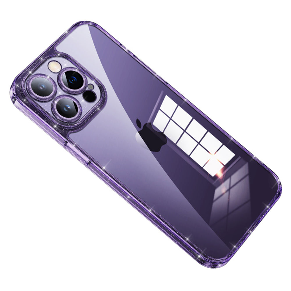SULADA pro iPhone 14 Pro zadní kryt z tvrzeného skla Glitter TPU rámeček s galvanickým pokovováním Kryt telefonu s ochranou objektivu
