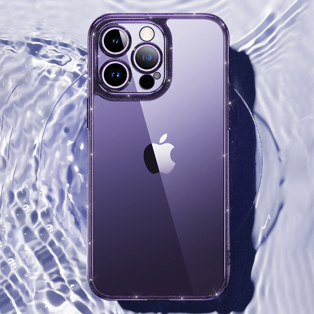SULADA pro iPhone 14 Pro zadní kryt z tvrzeného skla Glitter TPU rámeček s galvanickým pokovováním Kryt telefonu s ochranou objektivu