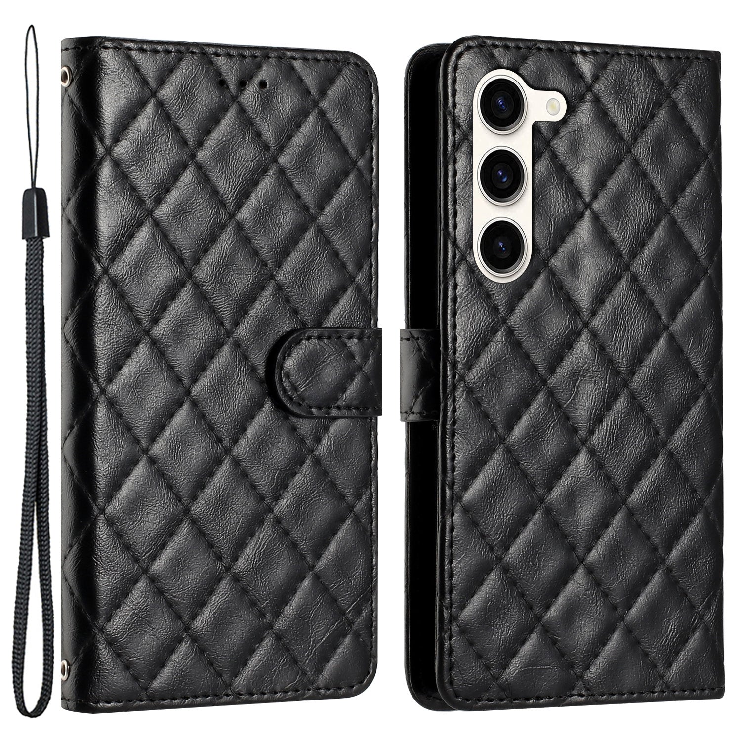 Pro Samsung Galaxy S23 Řemínek na zápěstí Pouzdro na telefon Šití Line Rhombus Stojan na peněženku Kryt na mobil