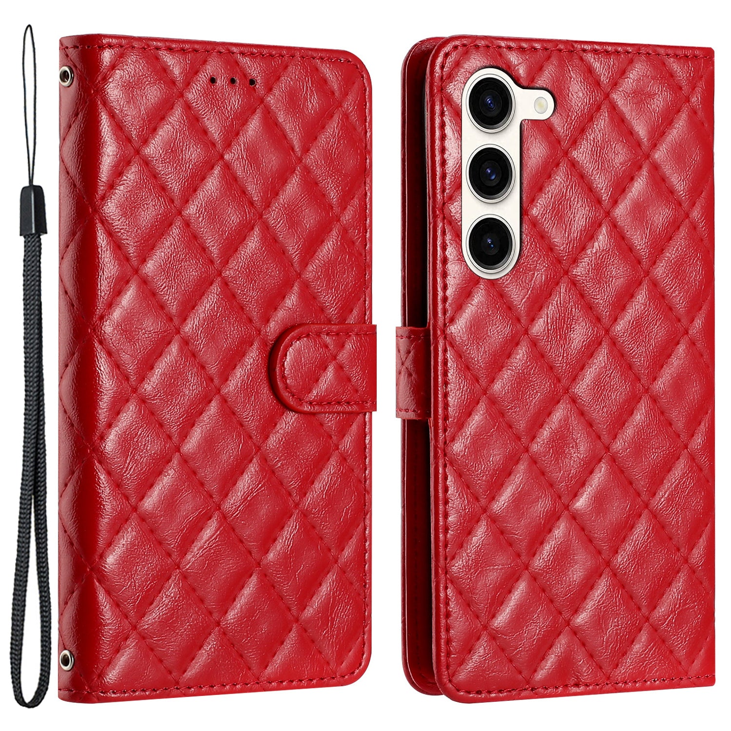 Pro Samsung Galaxy S23 Řemínek na zápěstí Pouzdro na telefon Šití Line Rhombus Stojan na peněženku Kryt na mobil