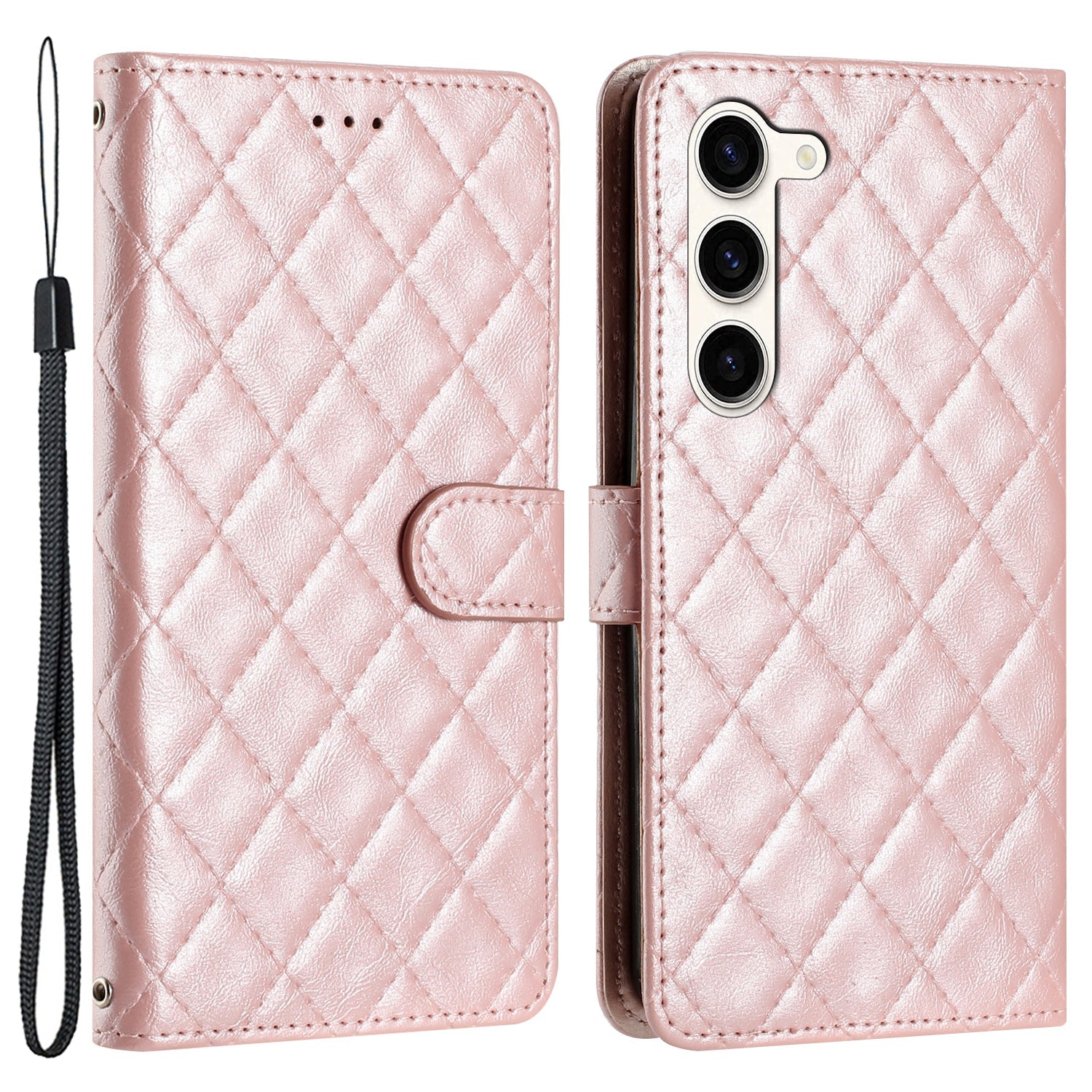 Pro Samsung Galaxy S23 Řemínek na zápěstí Pouzdro na telefon Šití Line Rhombus Stojan na peněženku Kryt na mobil