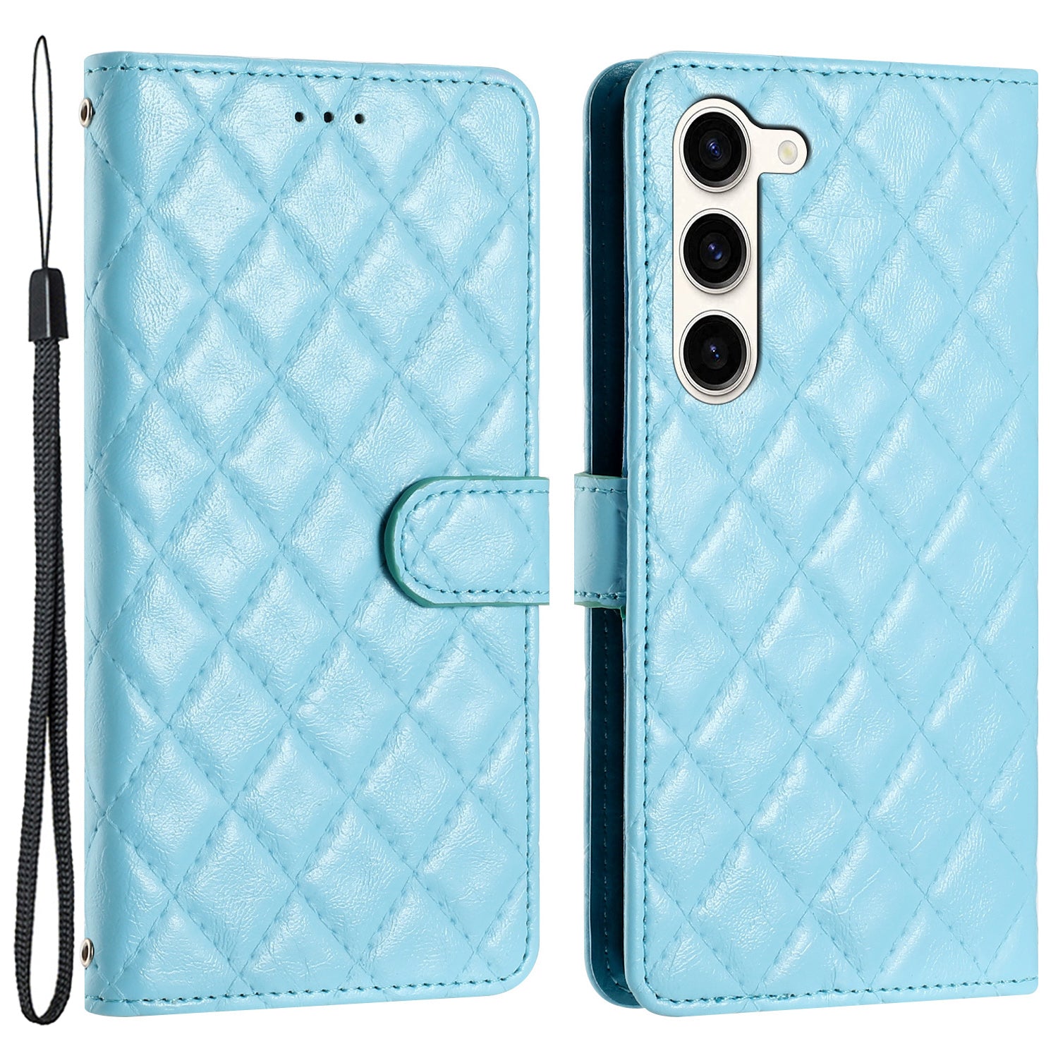 For Samsung Galaxy S23 Wrist Strap Phone Case Stitching Line Rhombus Wallet Stand Cell Phone Cover