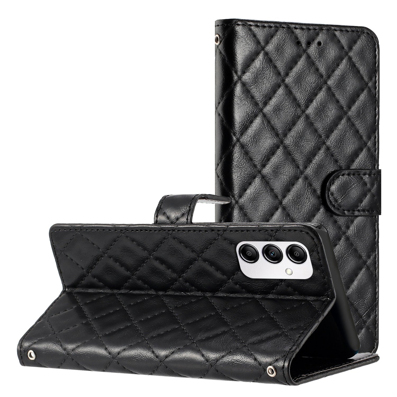 For Samsung Galaxy A14 5G Anti-Dust Phone Case Stitching Line Rhombus PU Leather Wallet Stand Shell with Strap