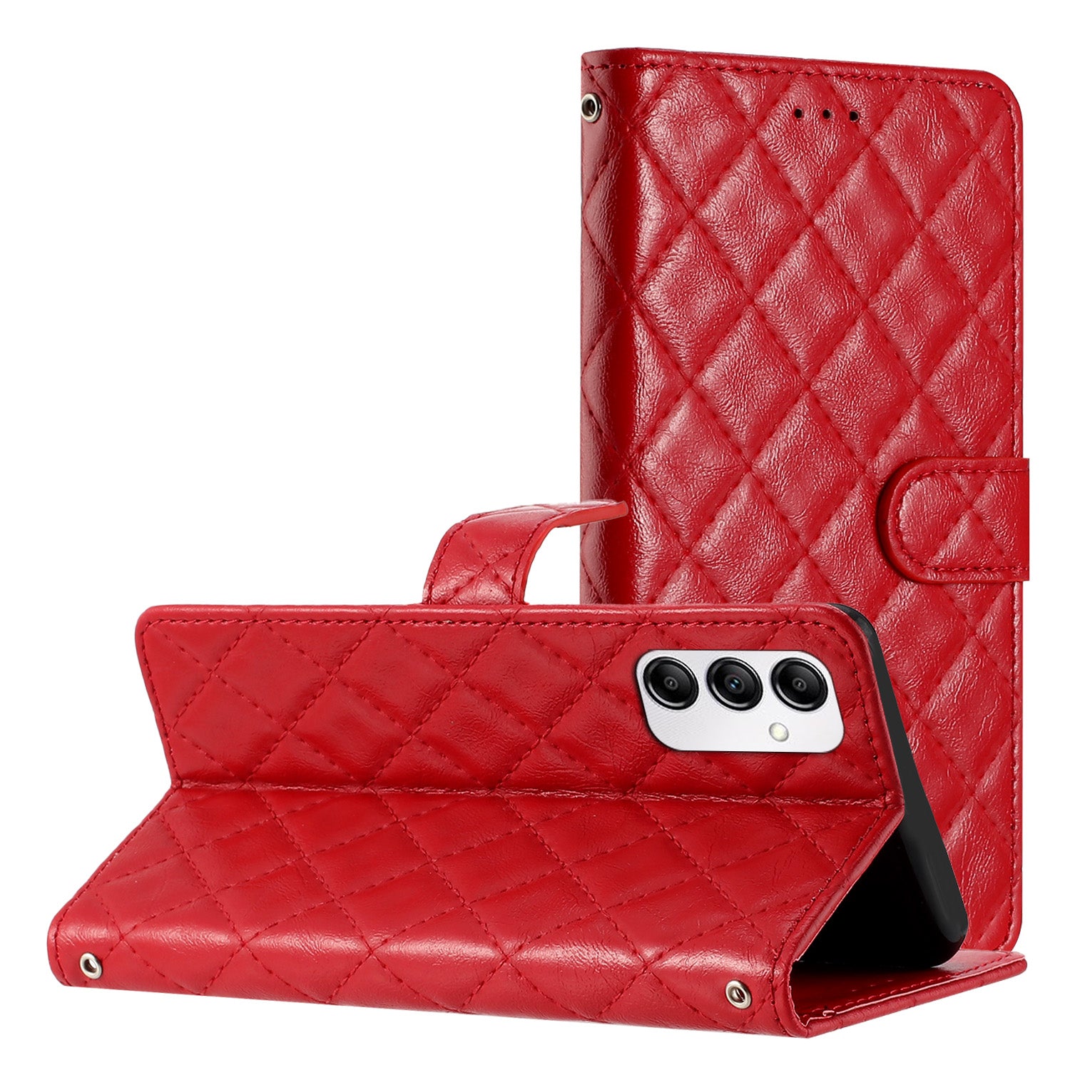For Samsung Galaxy A14 5G Anti-Dust Phone Case Stitching Line Rhombus PU Leather Wallet Stand Shell with Strap