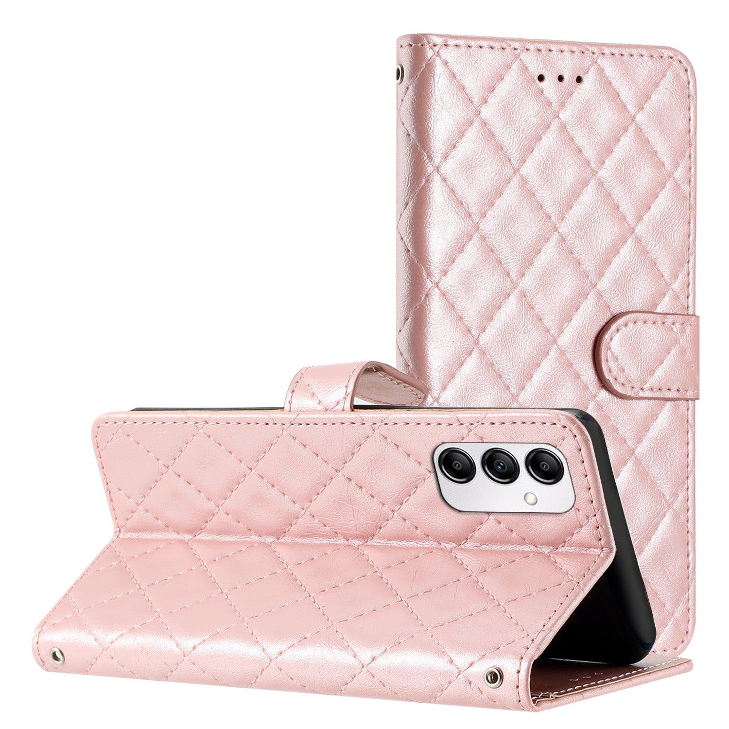 For Samsung Galaxy A14 5G Anti-Dust Phone Case Stitching Line Rhombus PU Leather Wallet Stand Shell with Strap