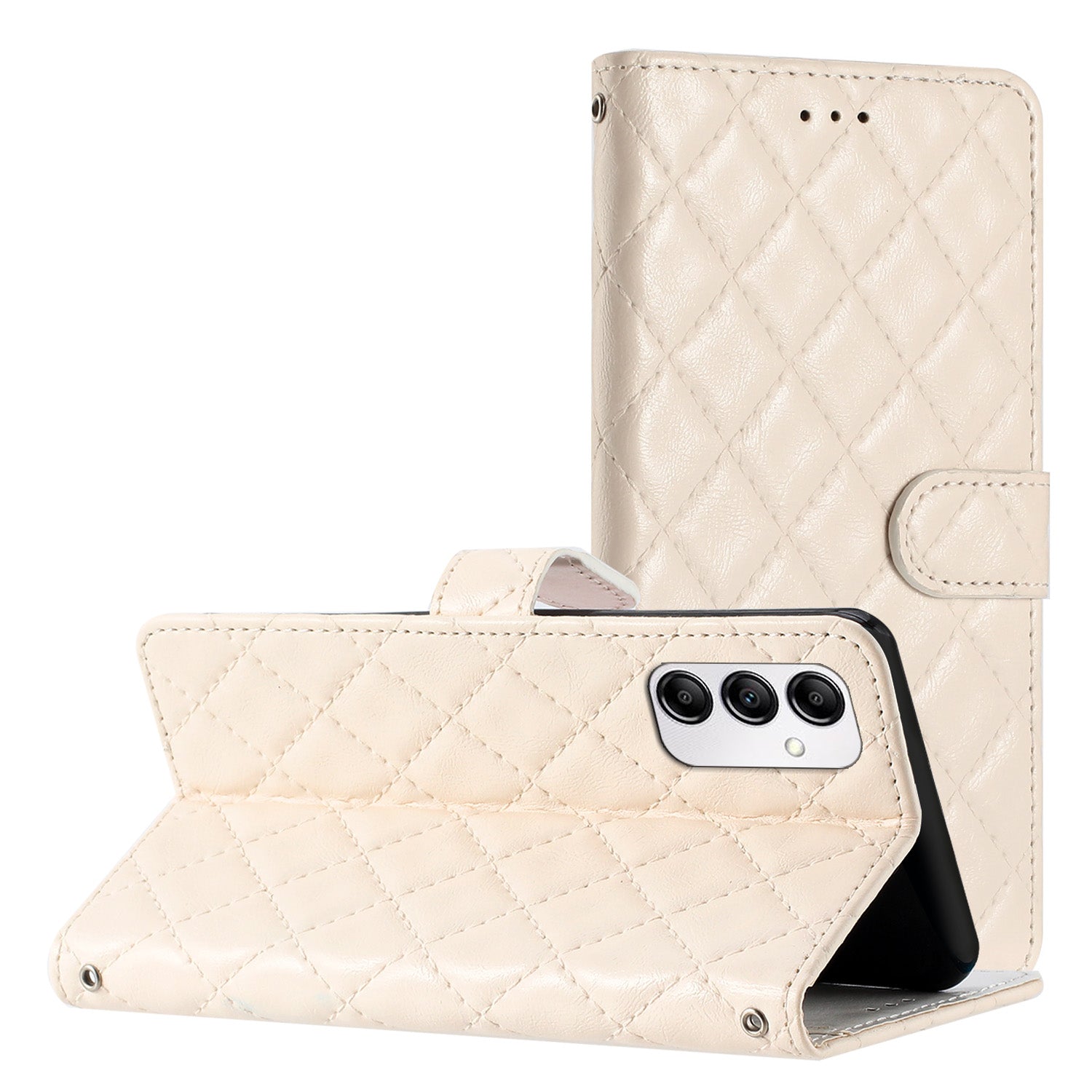 For Samsung Galaxy A14 5G Anti-Dust Phone Case Stitching Line Rhombus PU Leather Wallet Stand Shell with Strap