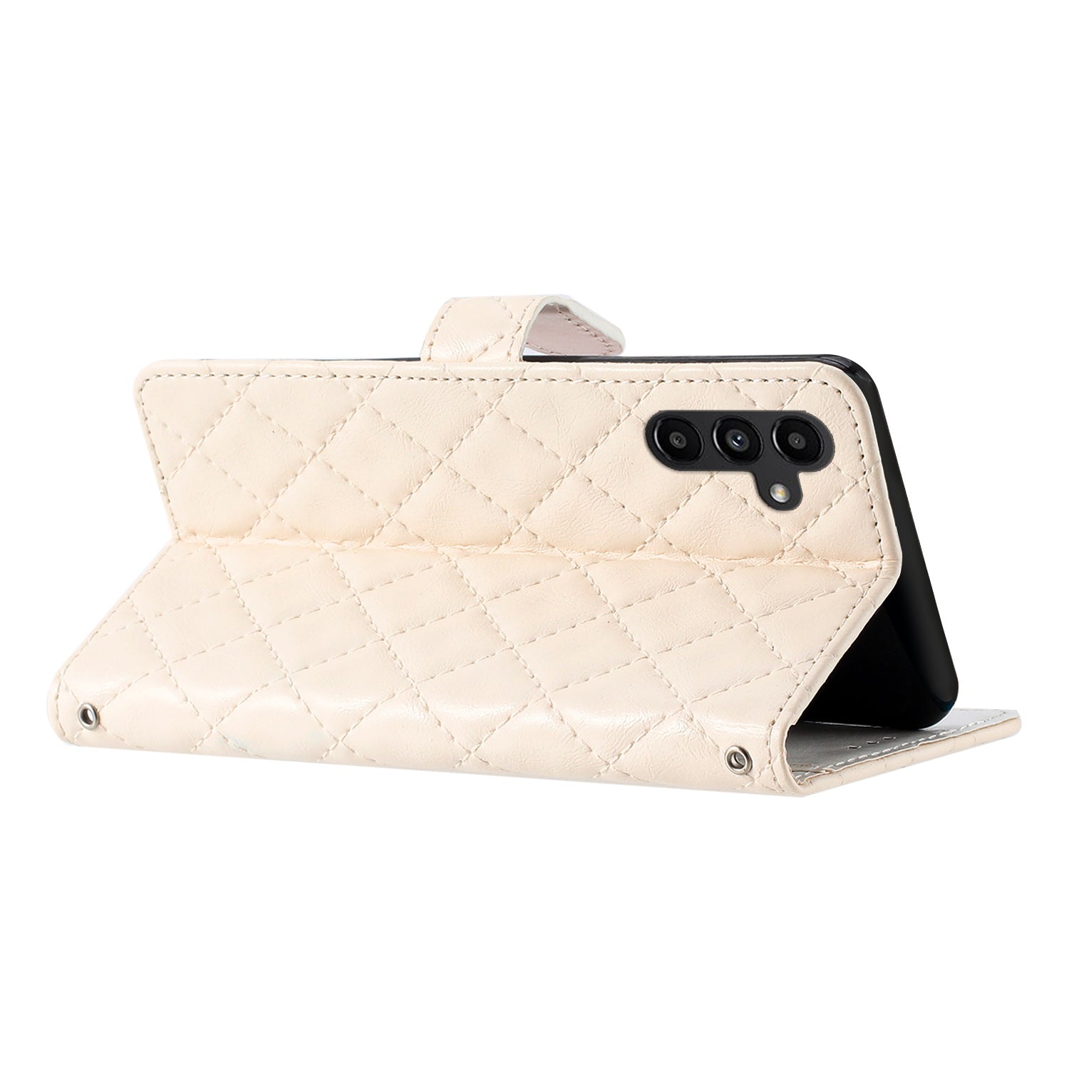 For Samsung Galaxy A14 5G Anti-Dust Phone Case Stitching Line Rhombus PU Leather Wallet Stand Shell with Strap