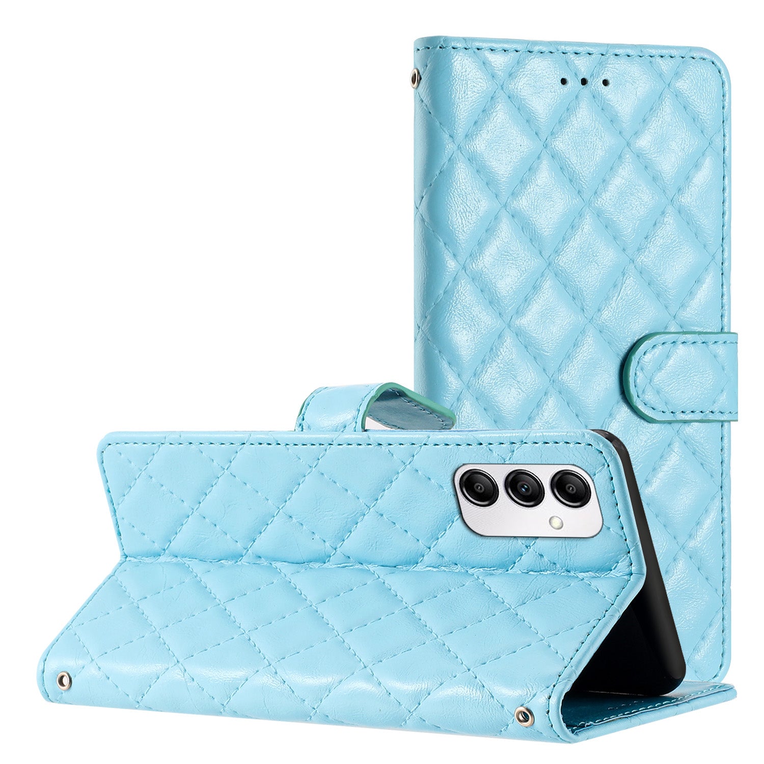 For Samsung Galaxy A14 5G Anti-Dust Phone Case Stitching Line Rhombus PU Leather Wallet Stand Shell with Strap