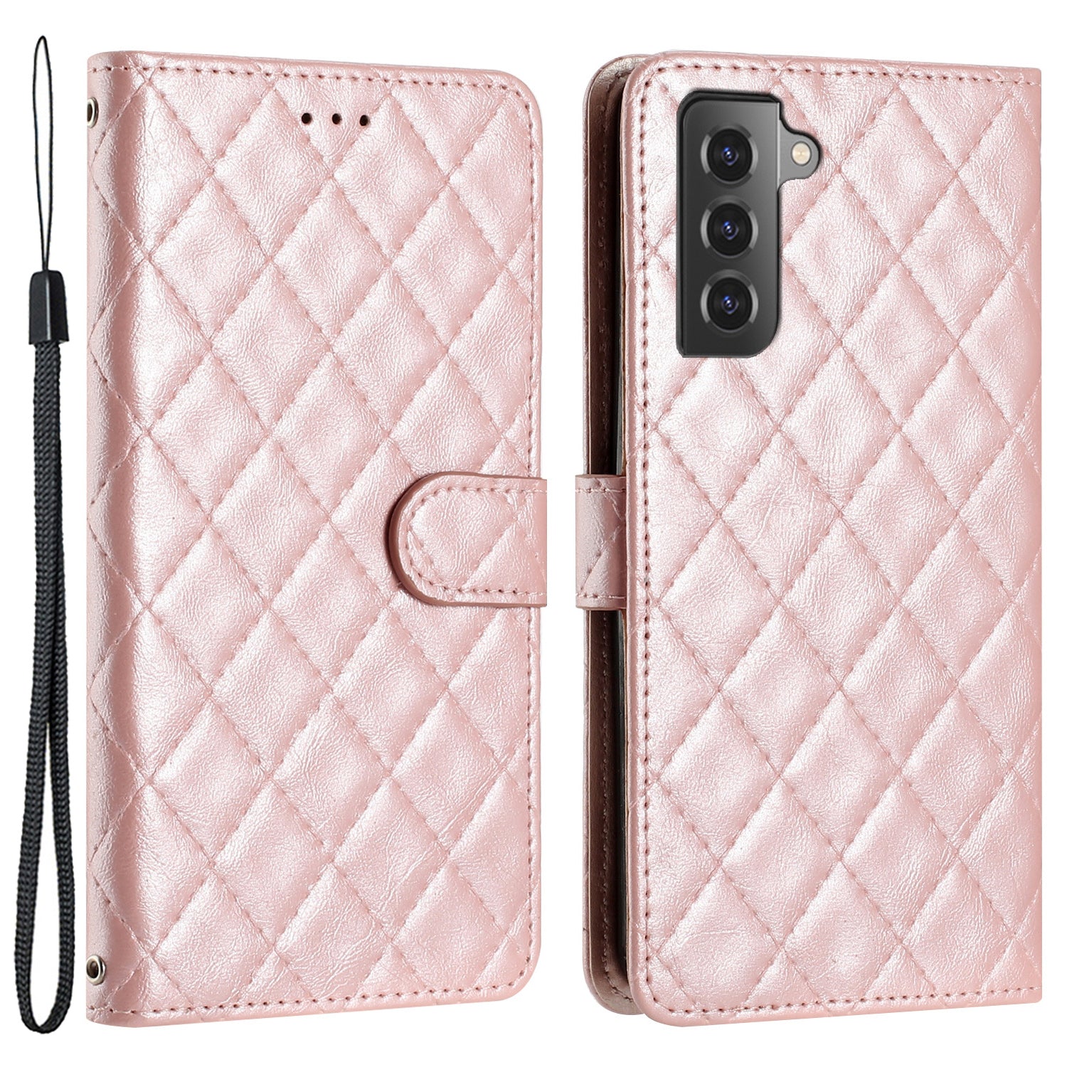 For Samsung Galaxy S22 5G Phone Case Stitching Line Rhombus PU Leather Wallet Stand Phone Cover with Strap