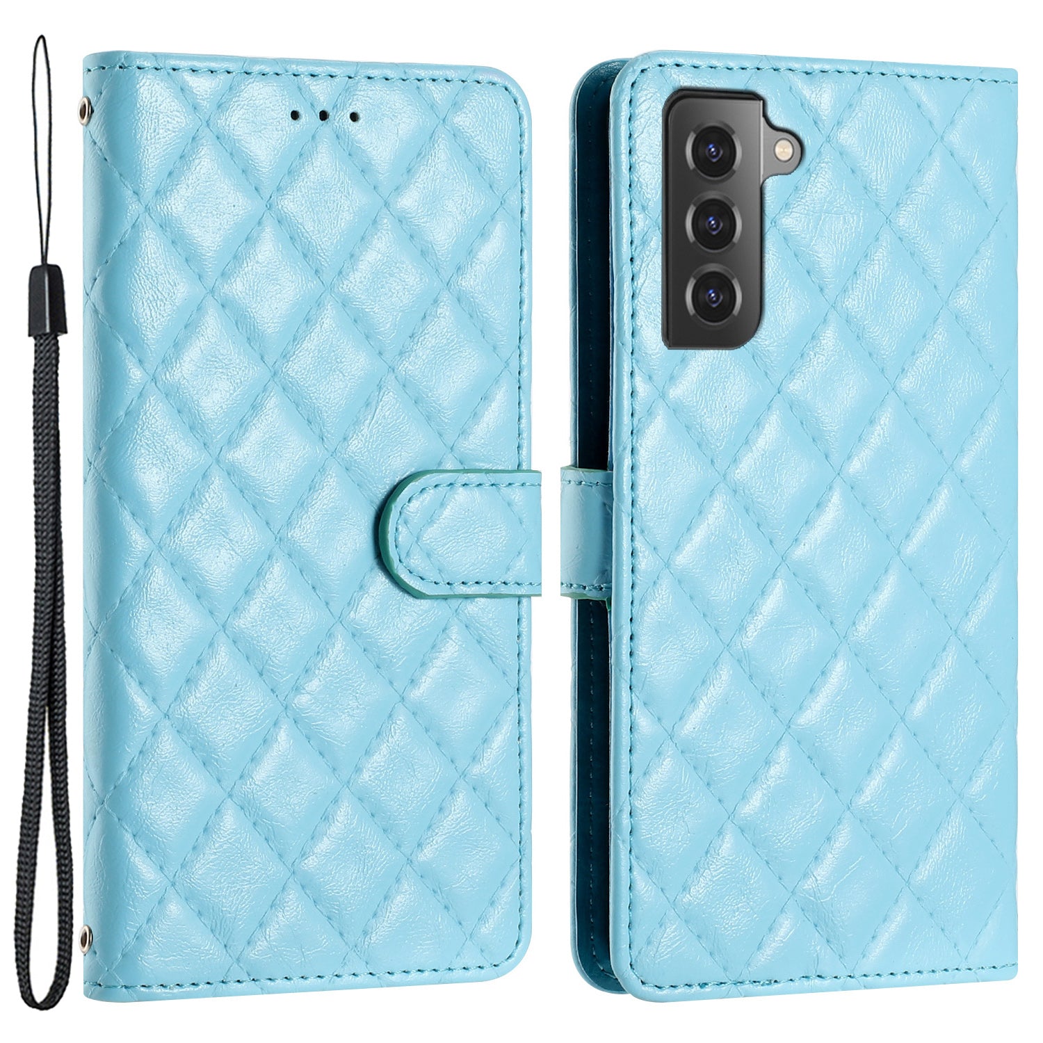 For Samsung Galaxy S22 5G Phone Case Stitching Line Rhombus PU Leather Wallet Stand Phone Cover with Strap